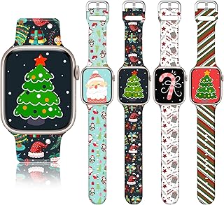 4 Pack Christmas Gifts Watch Band Compatible with Apple Watch Band 38mm 40mm 41mm 42mm 44mm 45mm 49mm, iWatch Series SE 8 7 6 5 4 3 2 1, Santa Claus Snowman Silicone Sport Replacement Strap Band for Women Girls Men