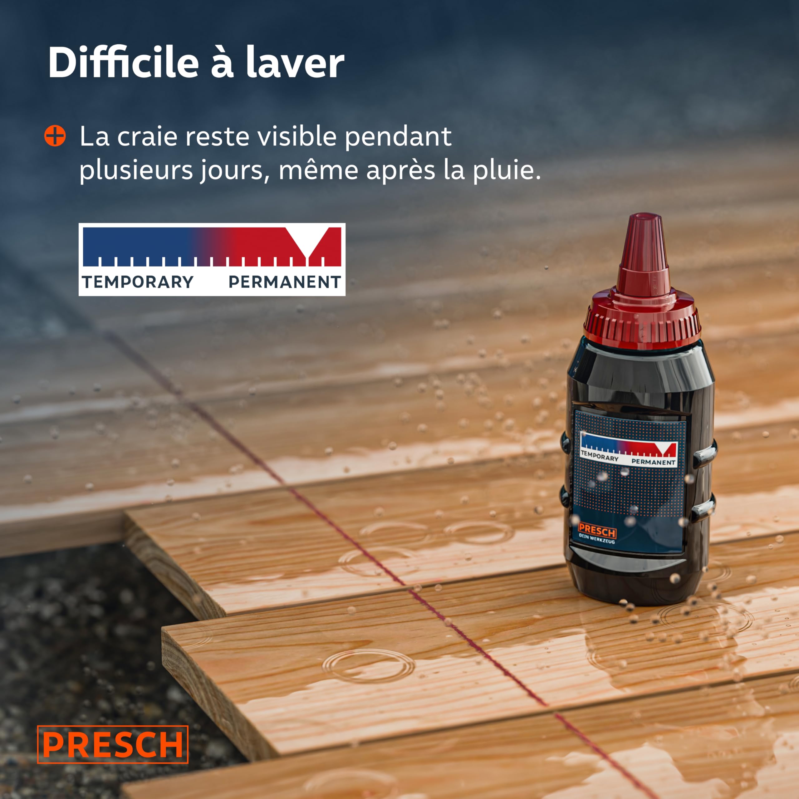 PRESCH Cordeau Traceur de 30m avec craie rouge (150 g) - Dévidage rapide grâce à l'engrenage 6:1 - Hydrofuge et durable - Ligne robuste pour des lignes précises
