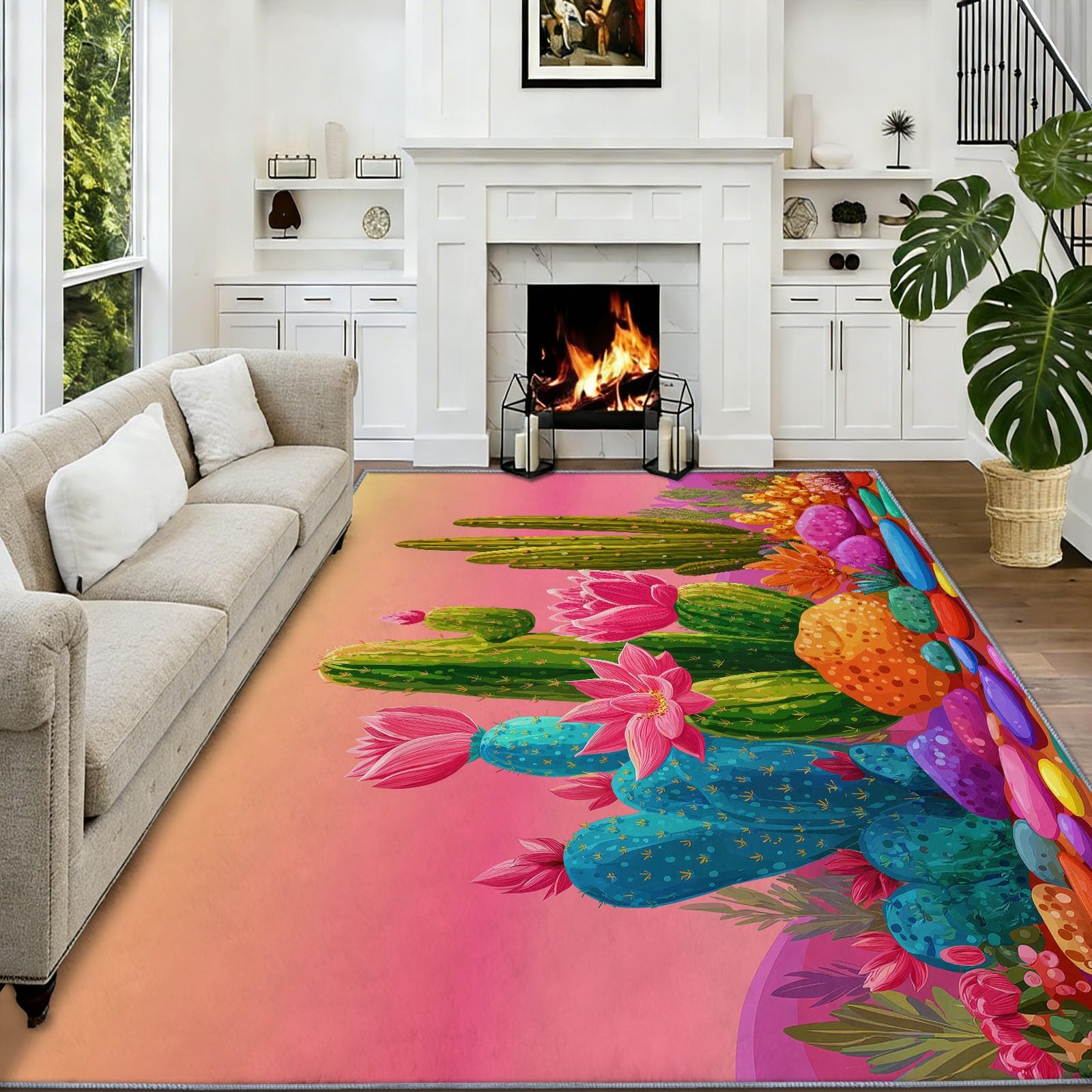 Area Rugs - Alfombra antideslizante lavable con diseño de flores de cactus de 140 x 200 cm, alfombra antideslizante para dormitorio, sala de estar, alfombra de suelo de pelo corto que no se desprende