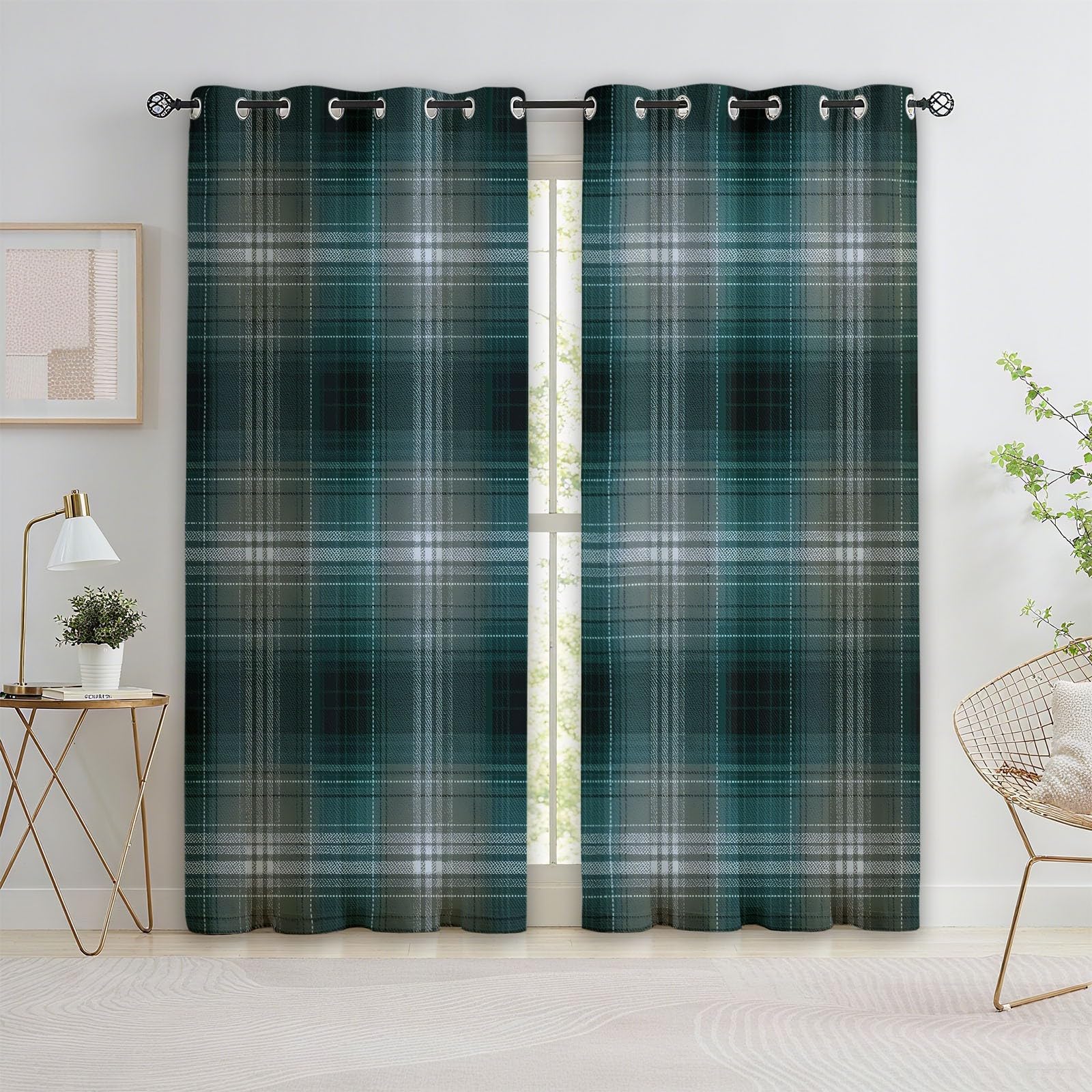 Vorhänge Blickdicht Verdunklungsvorhänge Thermovorhang 2er Set 160 x 70 cm, Strukturiertes Gittermuster ichtundurchlässige Vorhang mit Ösen für Schlafzimmer Geräuschreduzierung, Grün