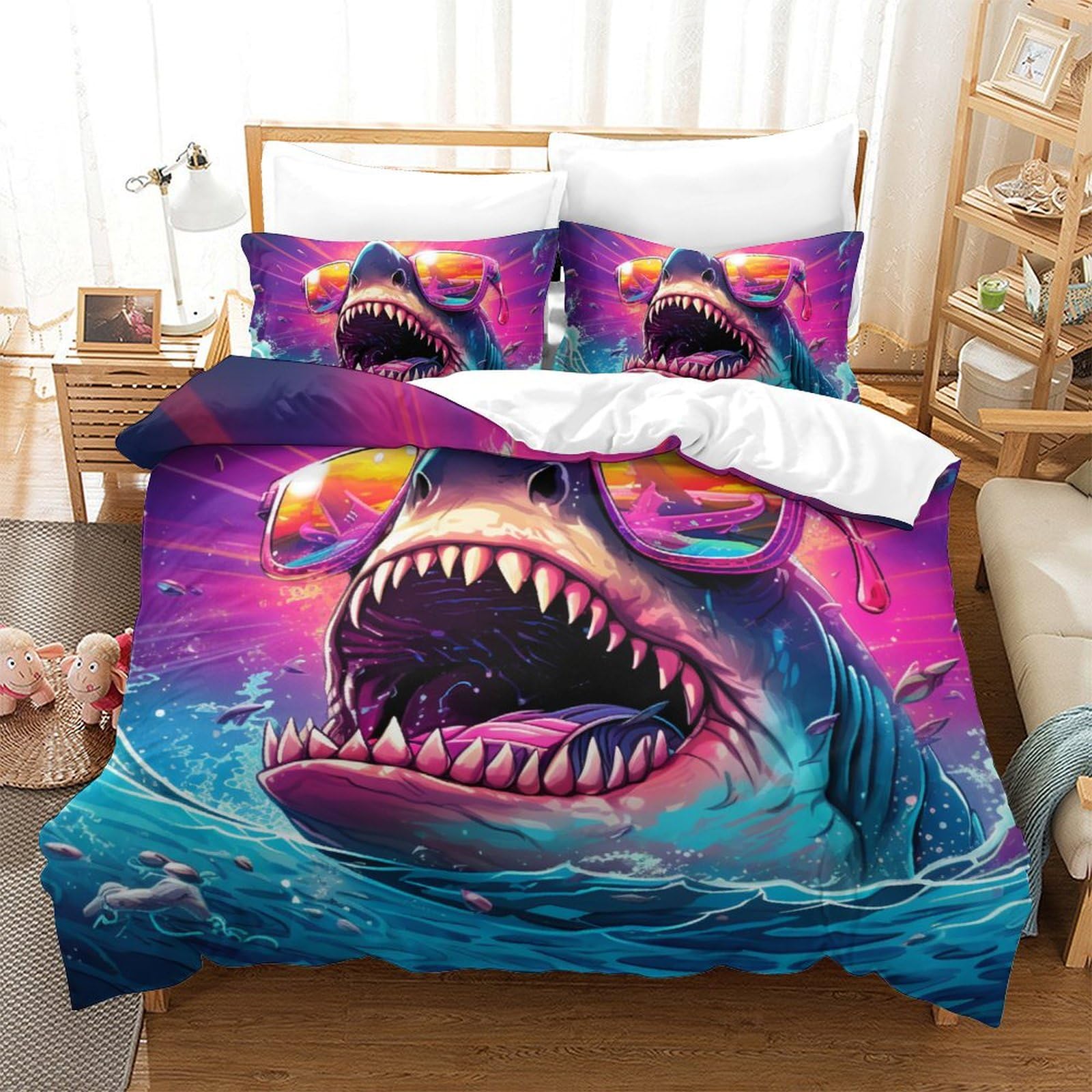 Housse de couette requin impression 3D haute définition parure de lit microfibre