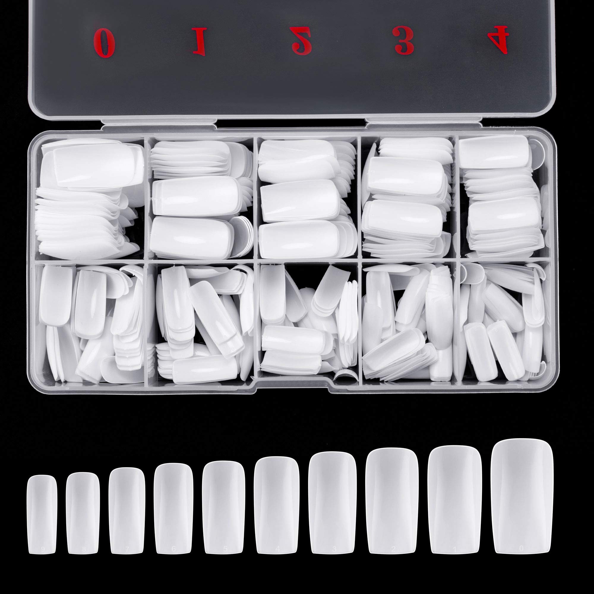 Full Cover Acrylic False Nail Tips, 500PCS Fake Nail Shape Artificial False Nails Tips 10 Sizes with Case for Nail Art Salons and Home DIY (White)