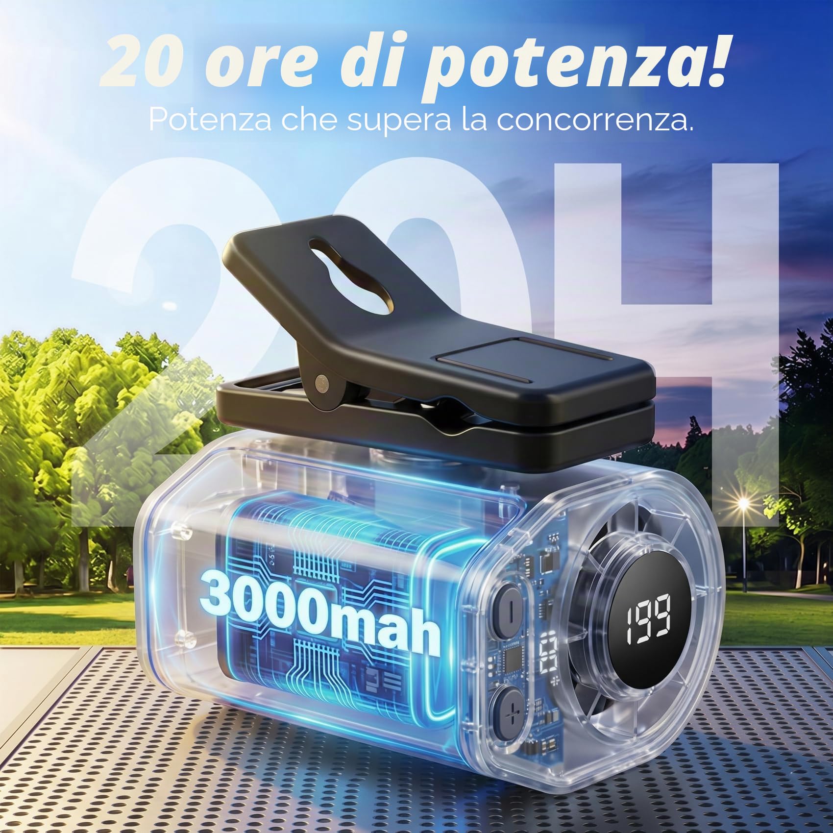 Ventilaore portatile per auto AC, nuovo aggiornamento 2026, ventilatore con clip per auto con display LED, rotazione a 360 gradi, 199 velocità regolabili, mini sistema di raffreddamento per veicoli