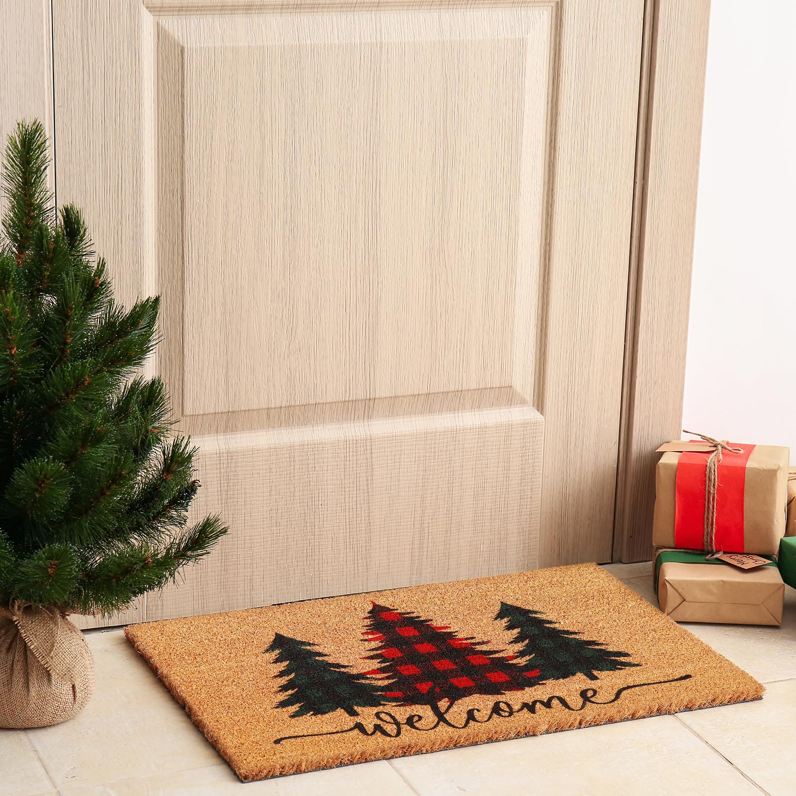 Whaline Weihnachtliche Fußmatte aus natürlicher Kokosfaser, Büffelkariert, Weihnachtsbaum, Willkommens-Bodenmatte, rutschfester Eingangstür-Teppich für drinnen und draußen, Zuhause, Badezimmer