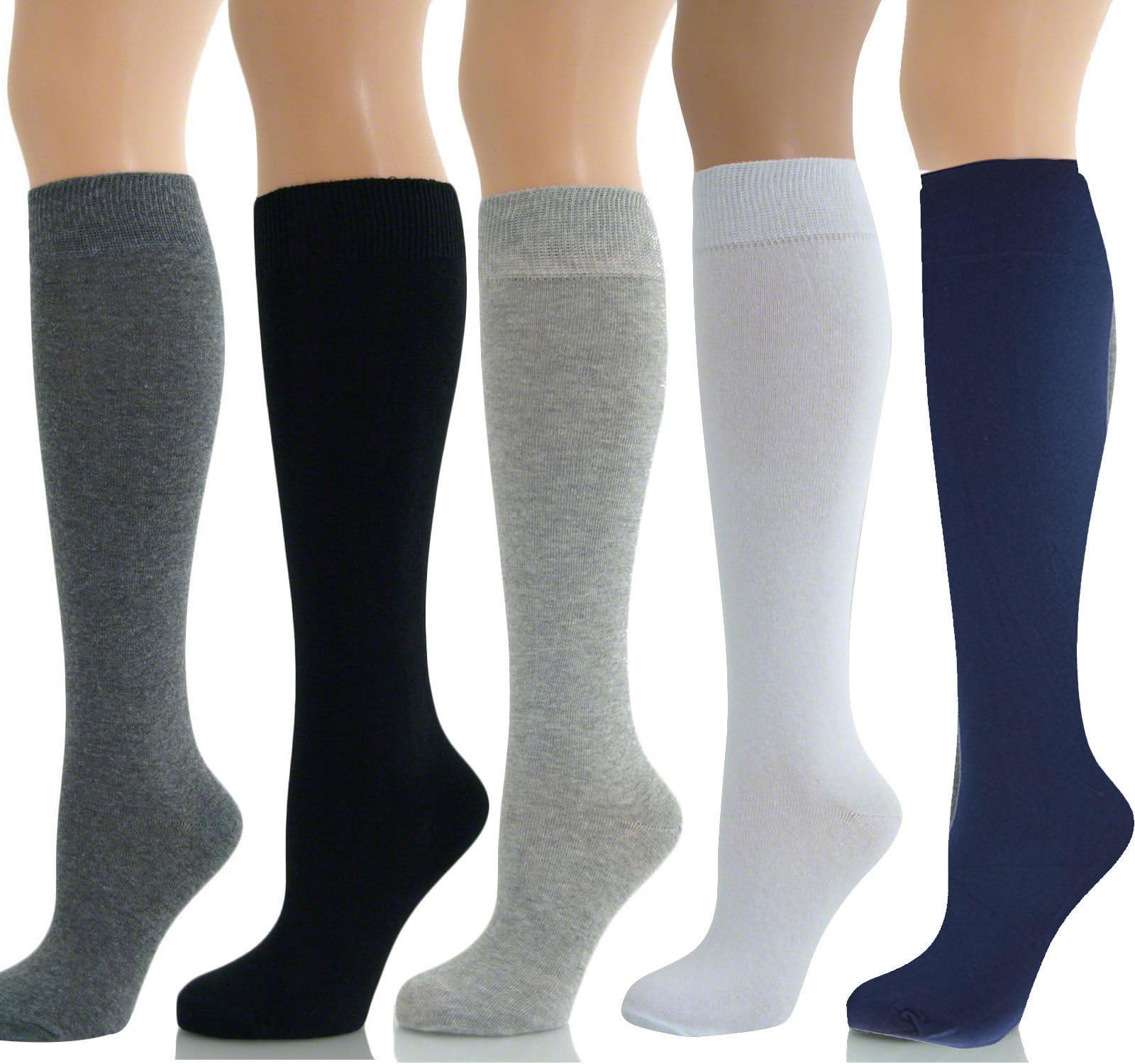 6 Pairs Womens Long Knee High Cotton Plain Socks Size 4-7