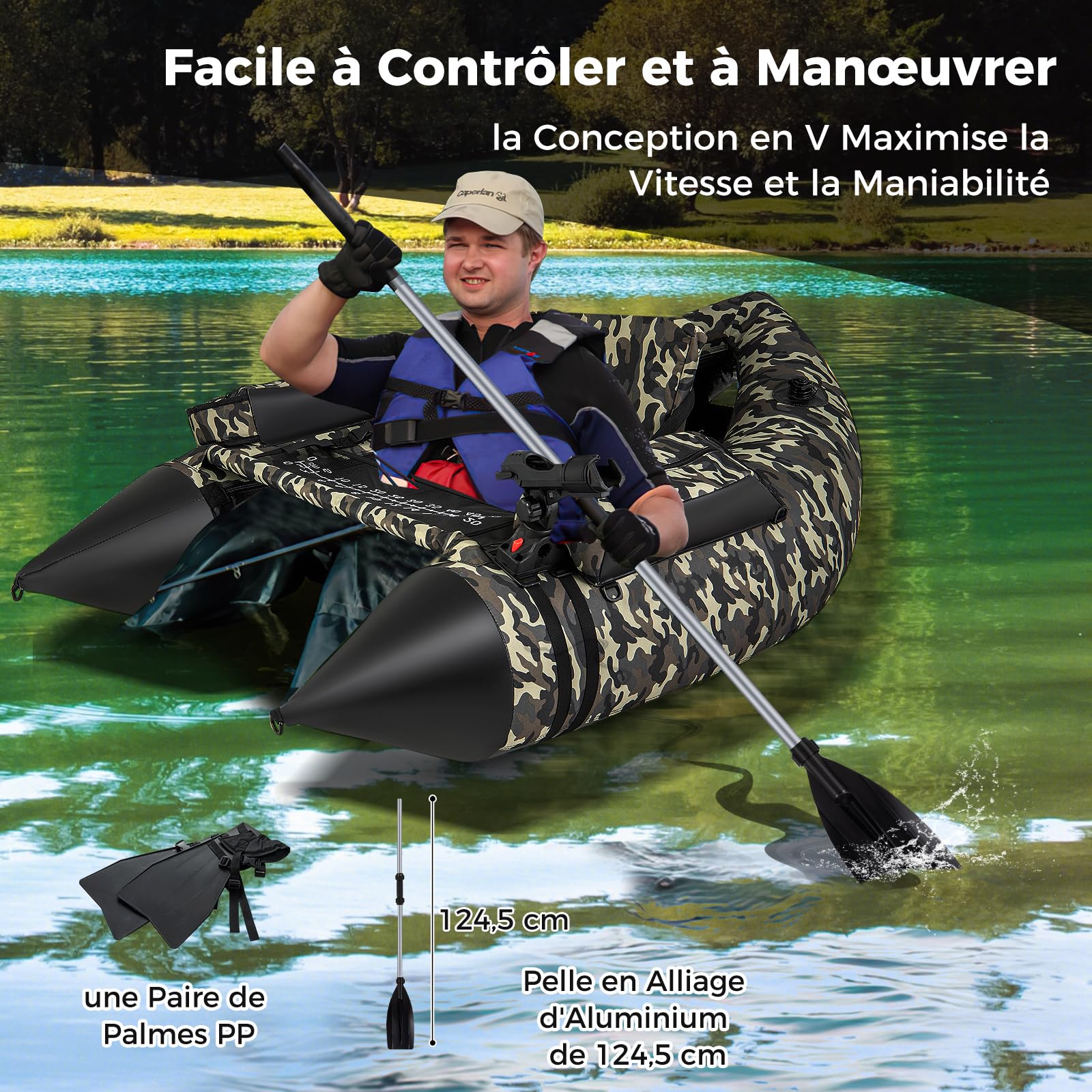 COSTWAY Bateau de Pêche Gonflable avec Dossier Pagaie, Bateau Gonflable avec Règle à Poisson Support de Canne Poches de Rangement Palmes Pompe Sangles de Sac à Dos Charge 150 KG, Camouflage