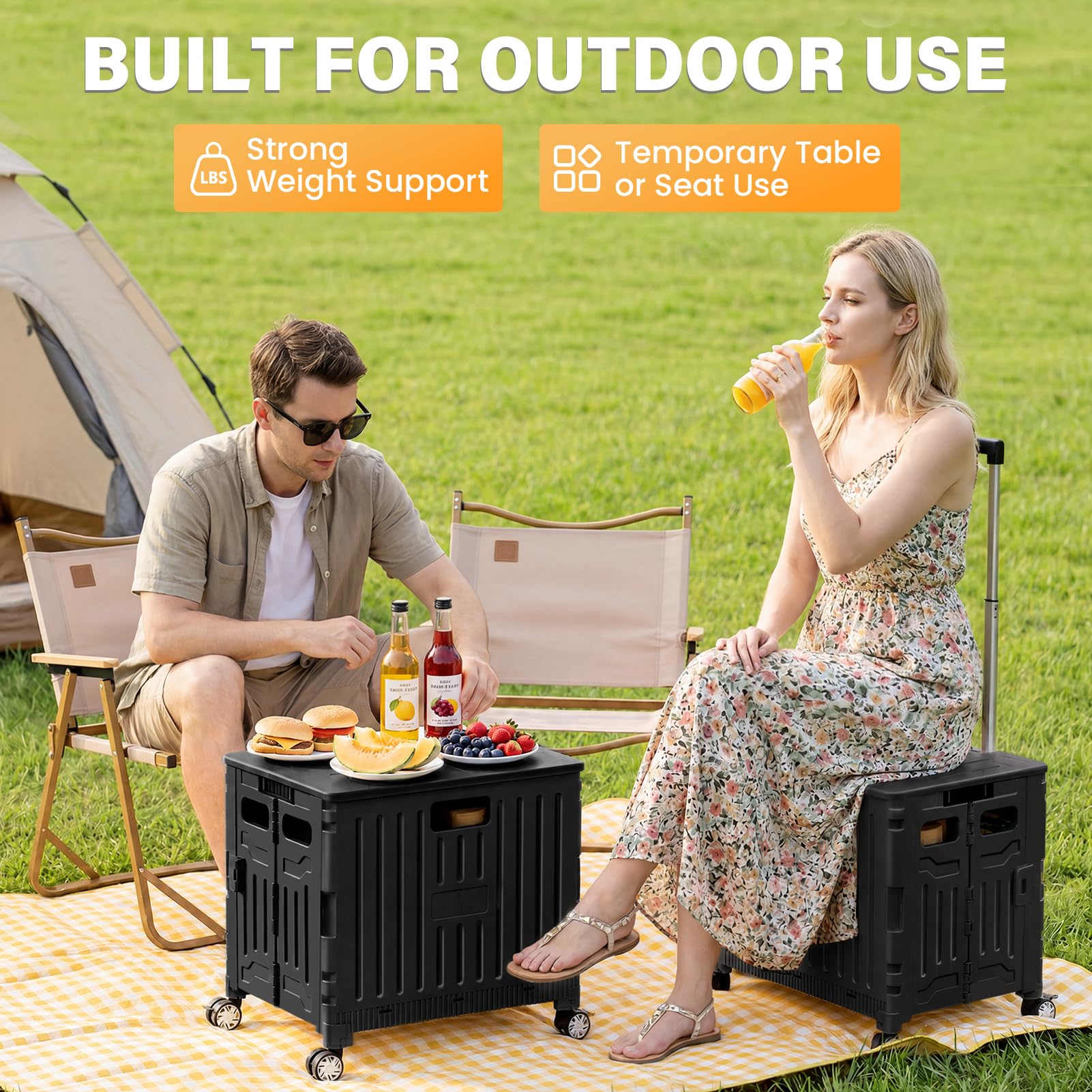 SUNALLY Carrello pieghevole portatile con ruote bloccabili, coperchio, cassetta degli attrezzi pieghevole per la spesa, viaggi, giardino, negozio, ufficio, bagagli, insegnante, nero