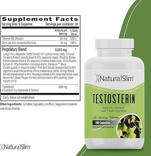 Miniatura 2 de NaturalSlim Testosterin - Suplemento multivitamínico de testosterona para hombre, suplemento de testosterona con vitamina B3, zinc, mezcla patentada