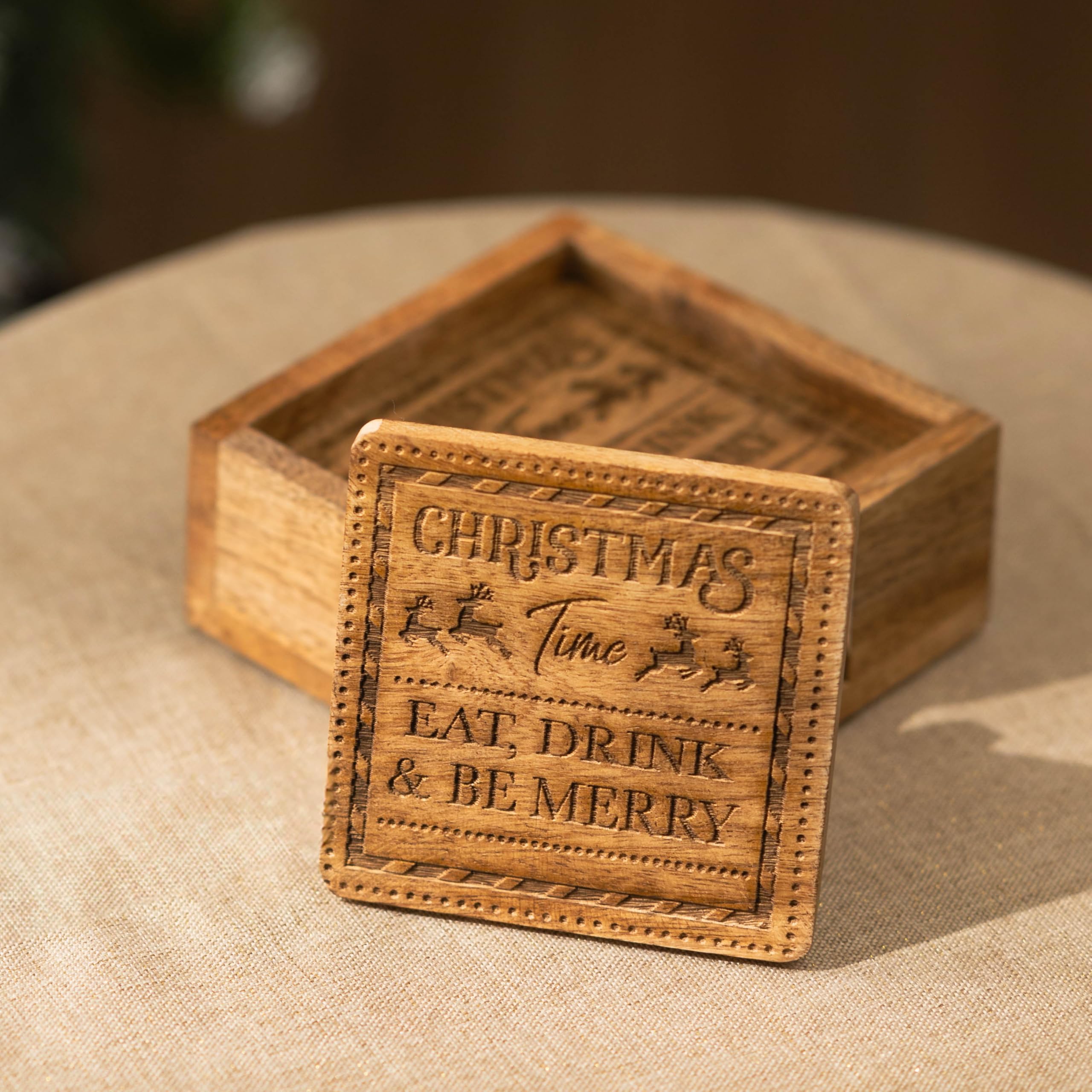 Marco Paul Interiors Be Merry Marco Paul Wooden Coasters With Holder - Square Christmas Coasters Set Of 4 - Drink Coaster For Home Accessories Christmas Decorations, Kitchen Decor - House Warming Gifts New Home Gifts For Her