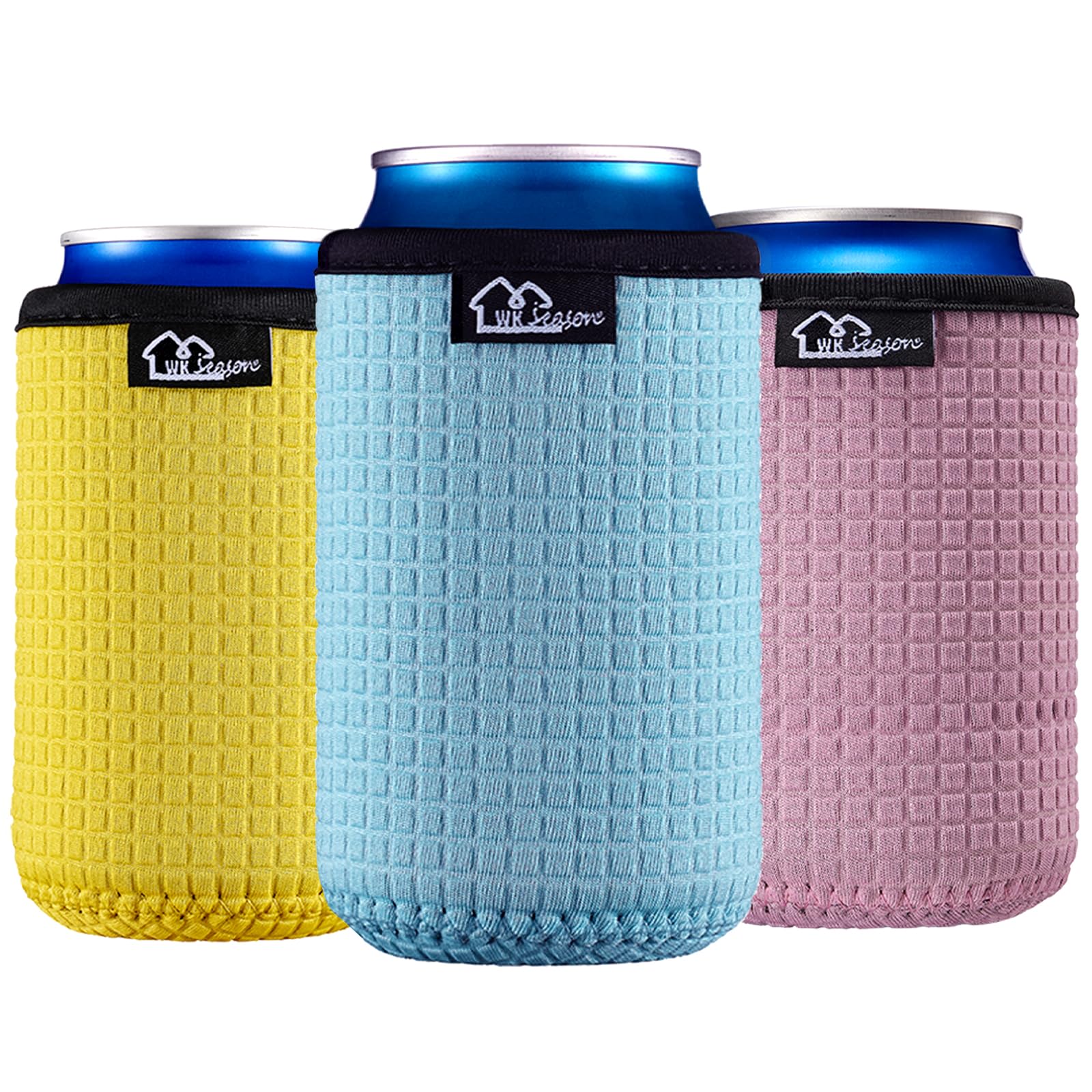 WKieason 12oz Standard Can Sleeves Insulators Sleeves Standard Can Covers 12OZ Beer Bottle Sleeves Coolers Holder Non-slip Neoprene Can Coolier Sleeves 3PC Pack (Yelllow/Light blue/Purple)