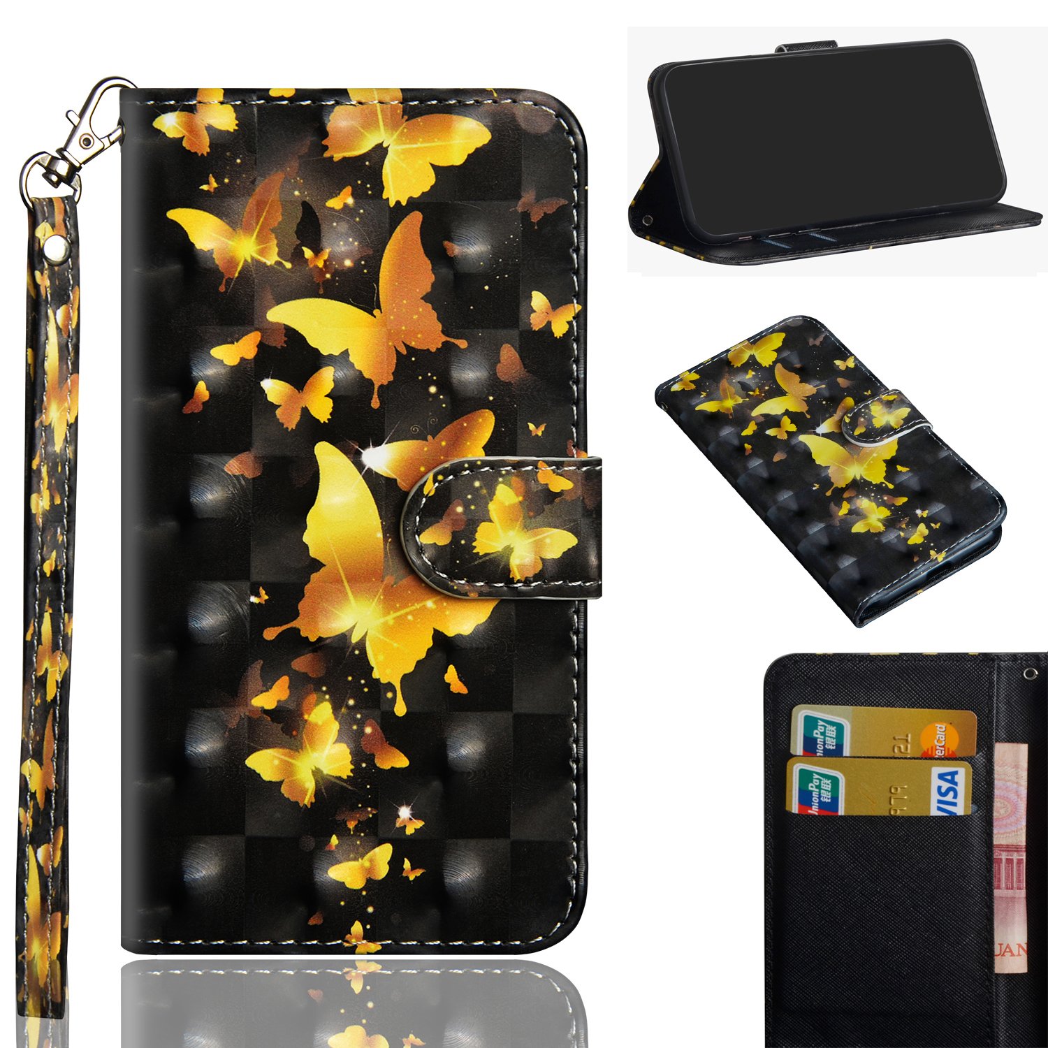 CASE4YOU Moto E4/ Moto G5 Wallet Case, Flip PU Leather Cover Book Style Cases Kickstand Credit Cards Slots Holder Full Body Shockproof Protection Bumper Gold Butterfly for Motorola Moto E4, Moto G5