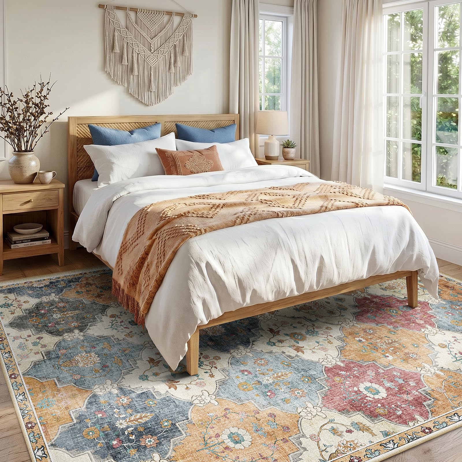 INOVADAY Teppich Wohnzimmer 200x300 cm Boho Waschbarer Teppich Orange/Rot | Moroccan, Kurzflor, Rutschfest, Teppich Schlafzimmer, Esszimmer, OEKO, Weiche, Staubsaugergeeigneter, Haustierfreundlich