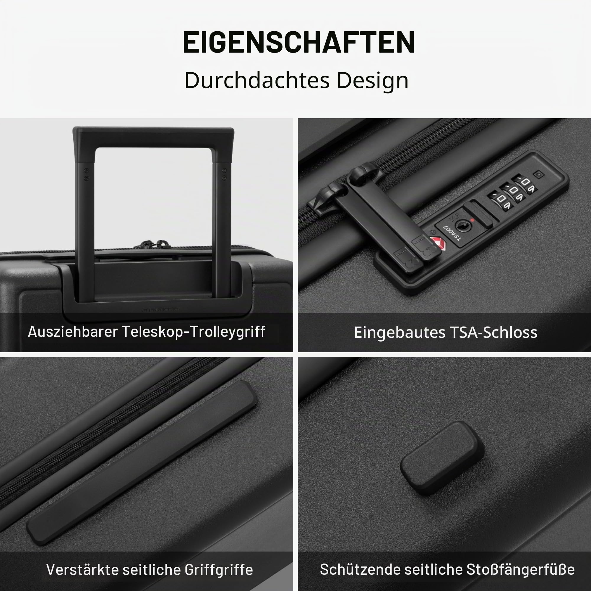 LEVEL8 Koffer Trolley Handgepäck mit Organizer Set 4-teilig, Leicht 100% PC TSA Zahlenschloss 8 Spinner Rollen Hartschalen Reisekoffer Rollkoffer Elegance Matte Design 20 Zoll (54,5CM,40L,Schwarz)