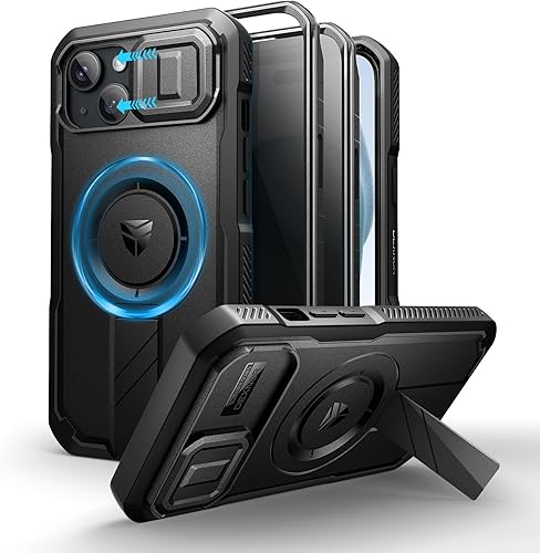 Vista 93 de Dexnor - Funda para iPhone 14 Pro Max con tapa deslizante para cámara, soporte ajustable y protector de pantalla integrado, carcasa magnética Negro