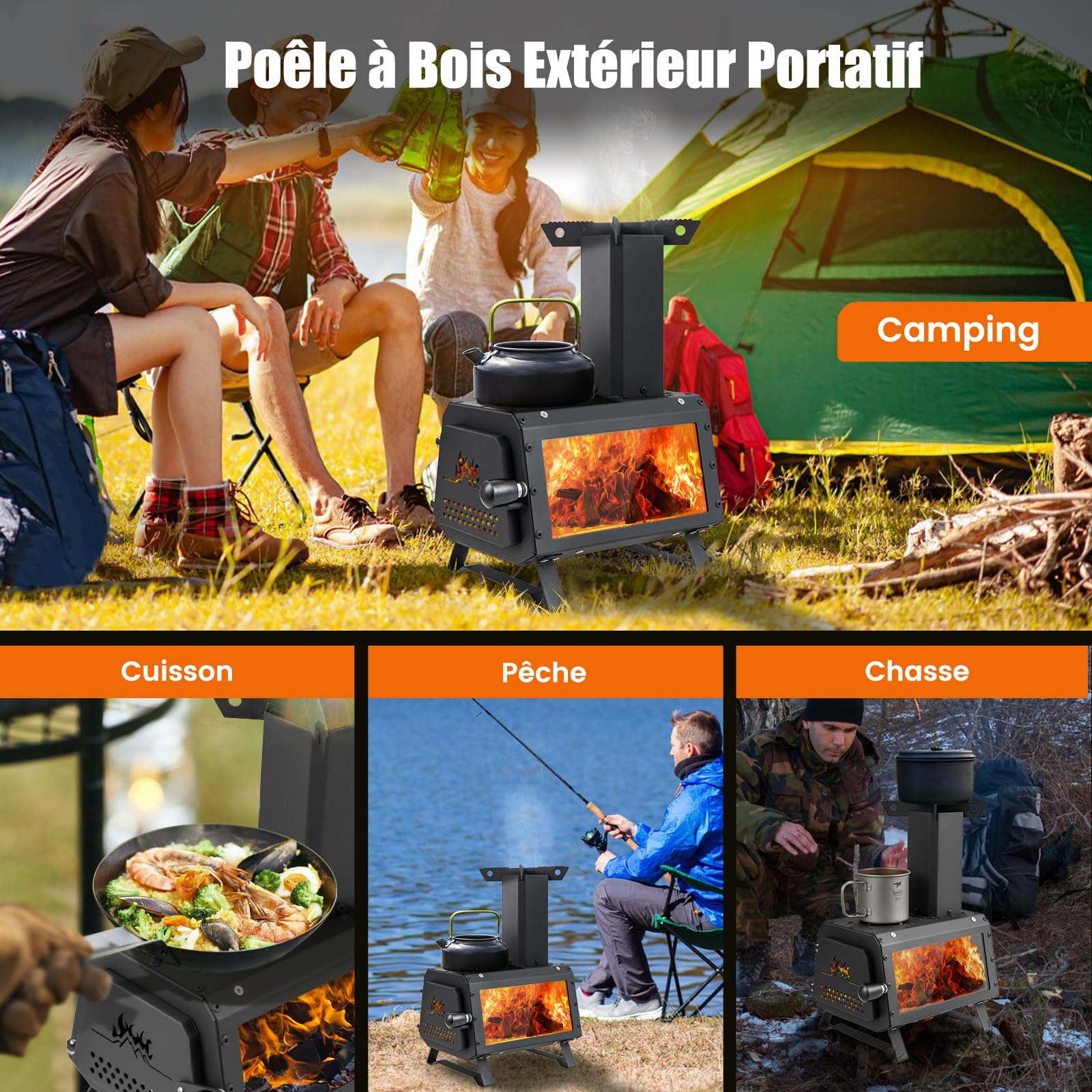 GOPLUS Mini Poêle à Bois Portable, Four à Bois Pliable de Camping avec 2 Positions de Cuisson, Poignée & Fenêtre Visuelle en Verre, pour Extérieur Pique-Nique BBQ Camping Randonnée