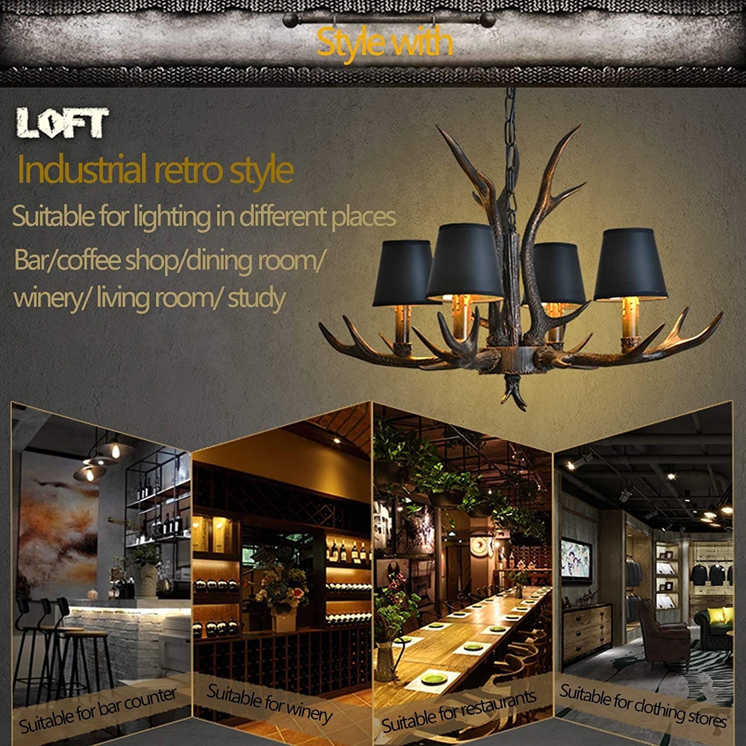 FWX Pendellampe Retro E14 Geweih Hängelampe Industriestil Kronleuchter Harz Schwarzer Eisen Lampenschirm Pendelleuchte Höhenverstellbarer Hängeleuchte Esszimmer Wohnzimmer Cafe Küche Bar Deckenleuchte