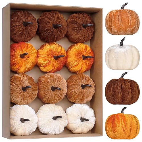 Super Holiday 12PCS Artificial Velvet Pumpkins Decor, 4 Colors Foam