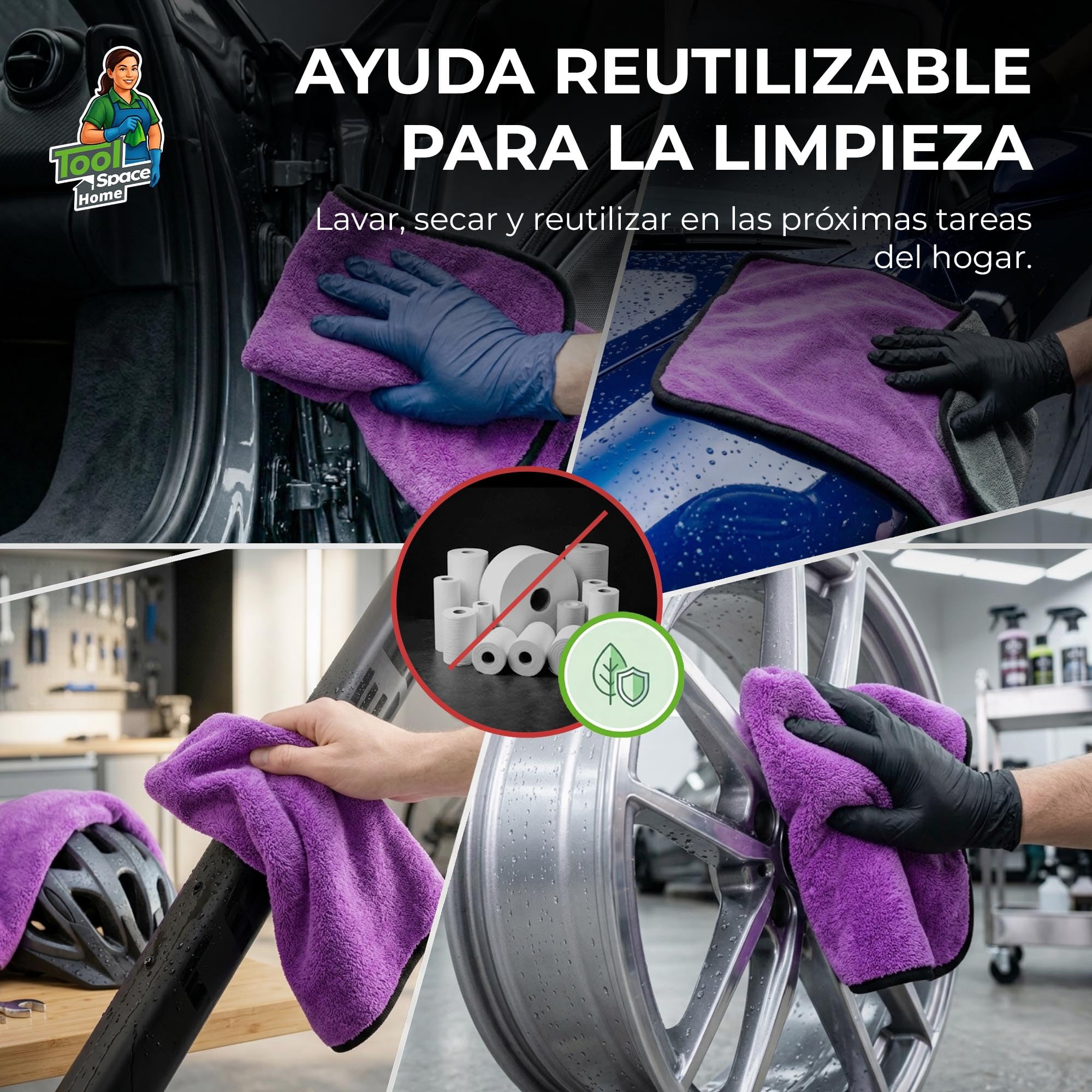 ToolSpace Toallas Microfibra Coche 38x46 cm 3 Unidades 600 gsm Absorbentes Suaves Sin Rayas para Lavado Secado Carrocería Cristales Llantas Detailing Auto Garaje Taller Premium
