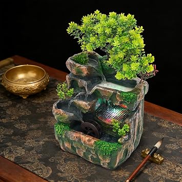 Desk Waterfall Fountain, Water Fountains Indoor Bonsai Desktop Ornament with LED Light, Zen Meditation for Home Office Bedroom Atomizing Humidifier Desk Decoration