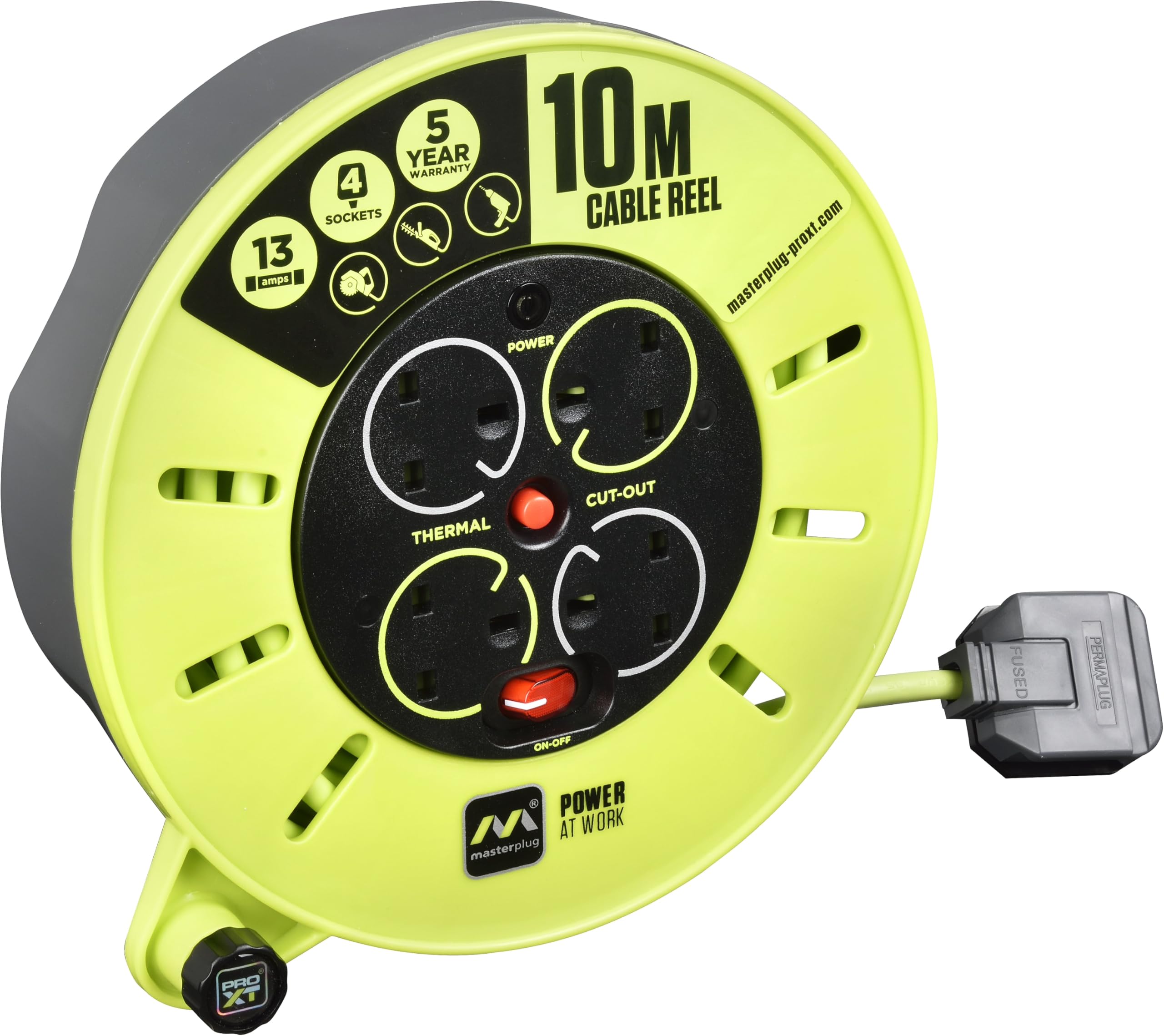 Masterplug Pro-XT Four Socket Medium Cassette Cable Reel with Winding Handle, Thermal Cut Out and Power Switch, 10 Metres, High Visibility Cable, Green