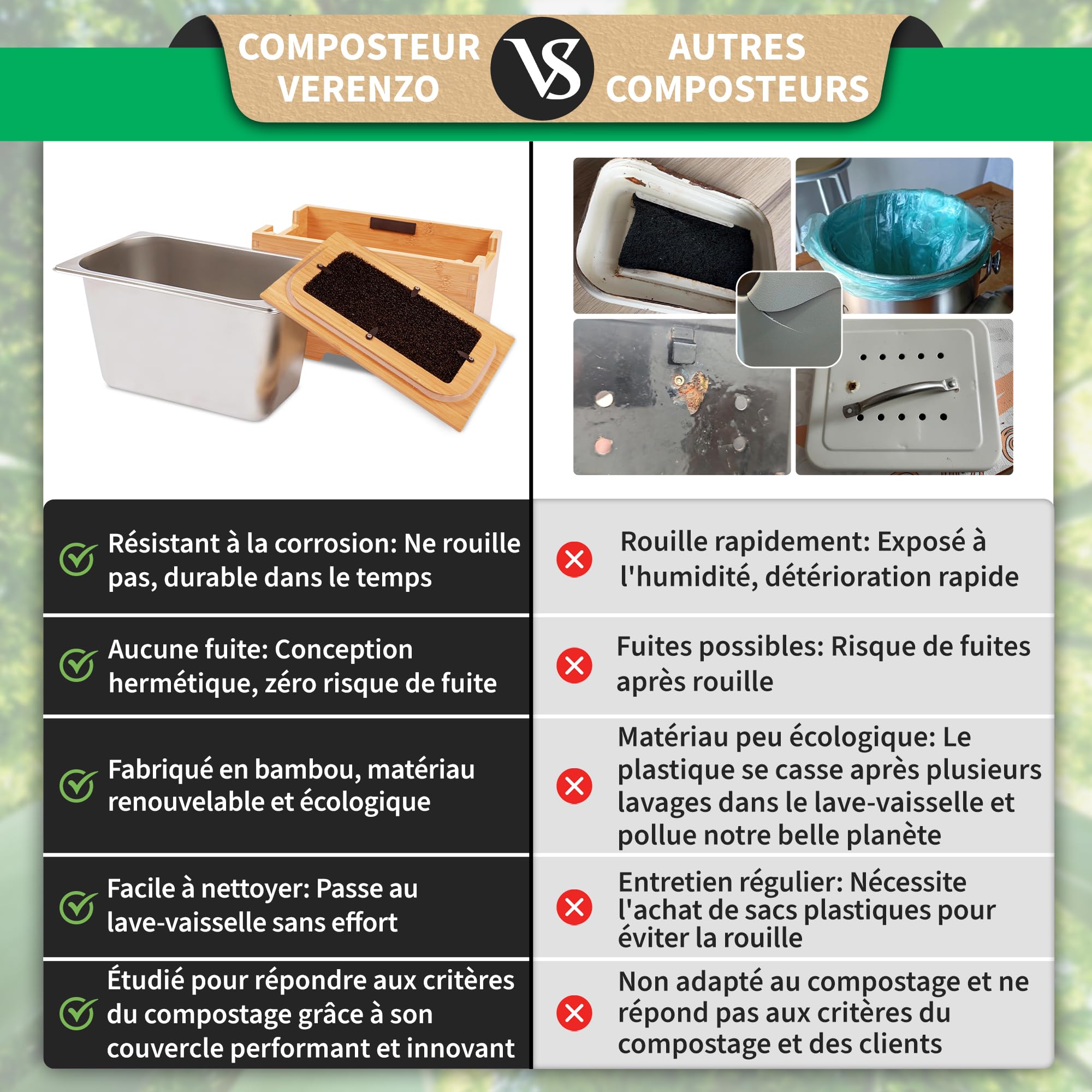 Poubelle Compost Cuisine Bio Hermétique Anti-Odeur & Filtre Charbon-Bac à Déchets et Recyclage Organique-Composteur Cuisine Pour Biodéchets-Bambou-Seau Alimentaire Bois-Poubelles à Compost-4L