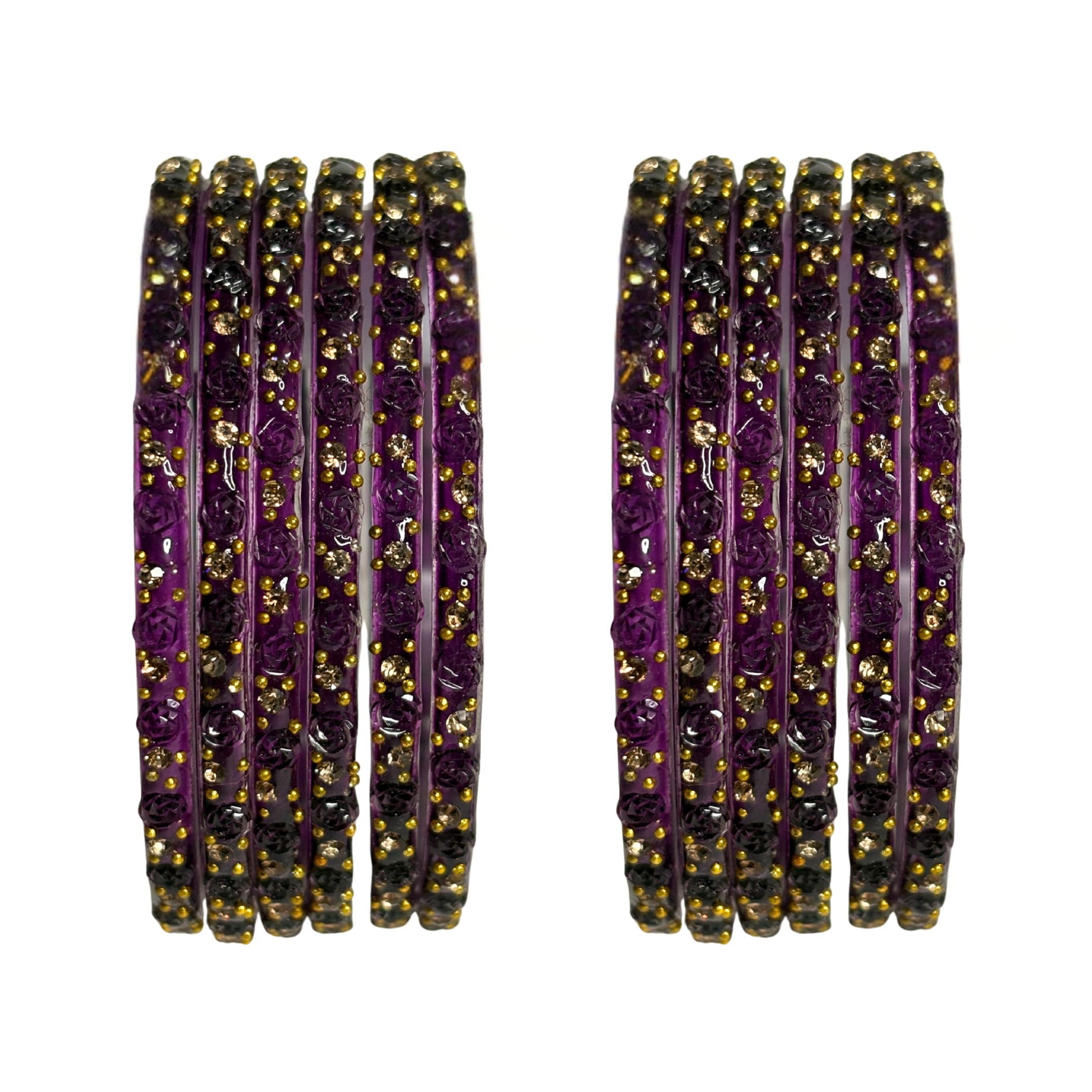 Srijman Creation - Rose Pattern Raindrop Glass Bangles, 12 Piece Set, Traditional Floral Stone-Studded Bracelets for Women, Multiple Colors, Sizes 2.4, 2.6, 2.8