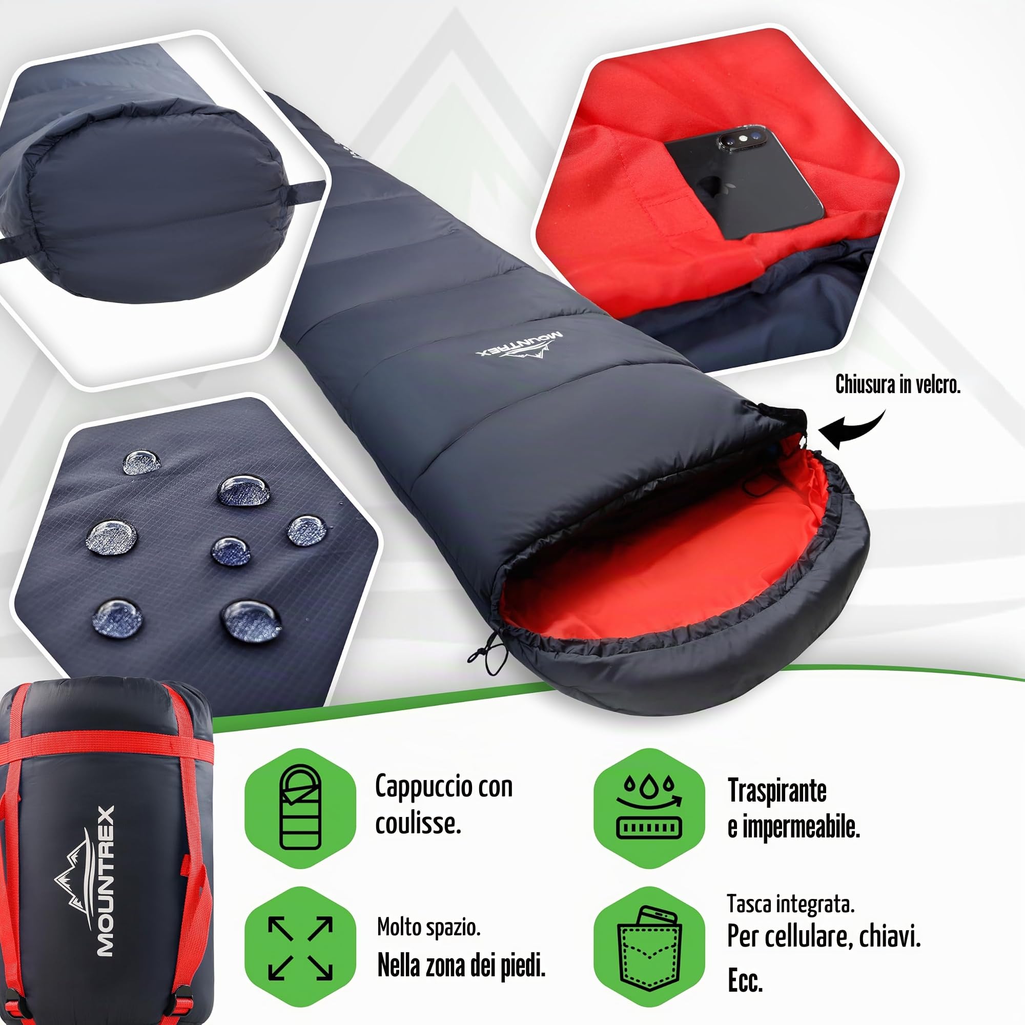 MOUNTREX® Sacco a Pelo - Leggero e Compatto (750g / 1500g) - Sacchi a Pelo Mummia, Adulto (205x75cm) - Campeggio, Trekking, Escursioni - 100GSM (Estivo) / 300GSM (3-4 Stagioni) - Accoppiabili