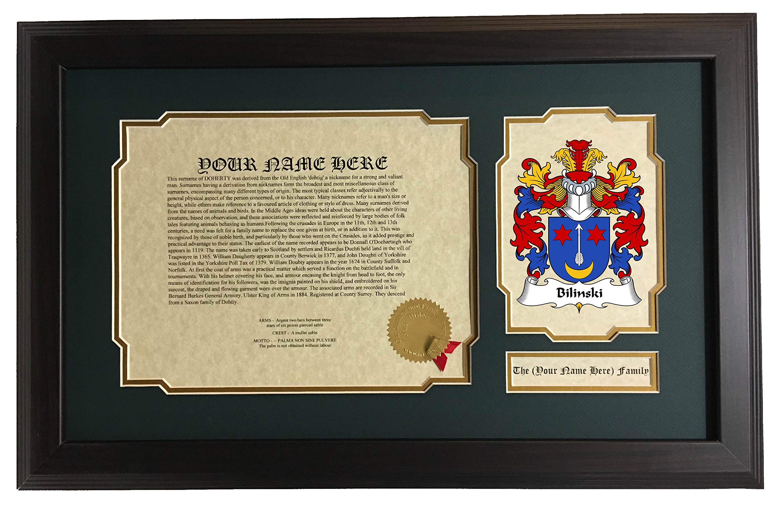 Bilinski - Coat of Arms and Last Name History, 14x22 Inches Matted and Framed