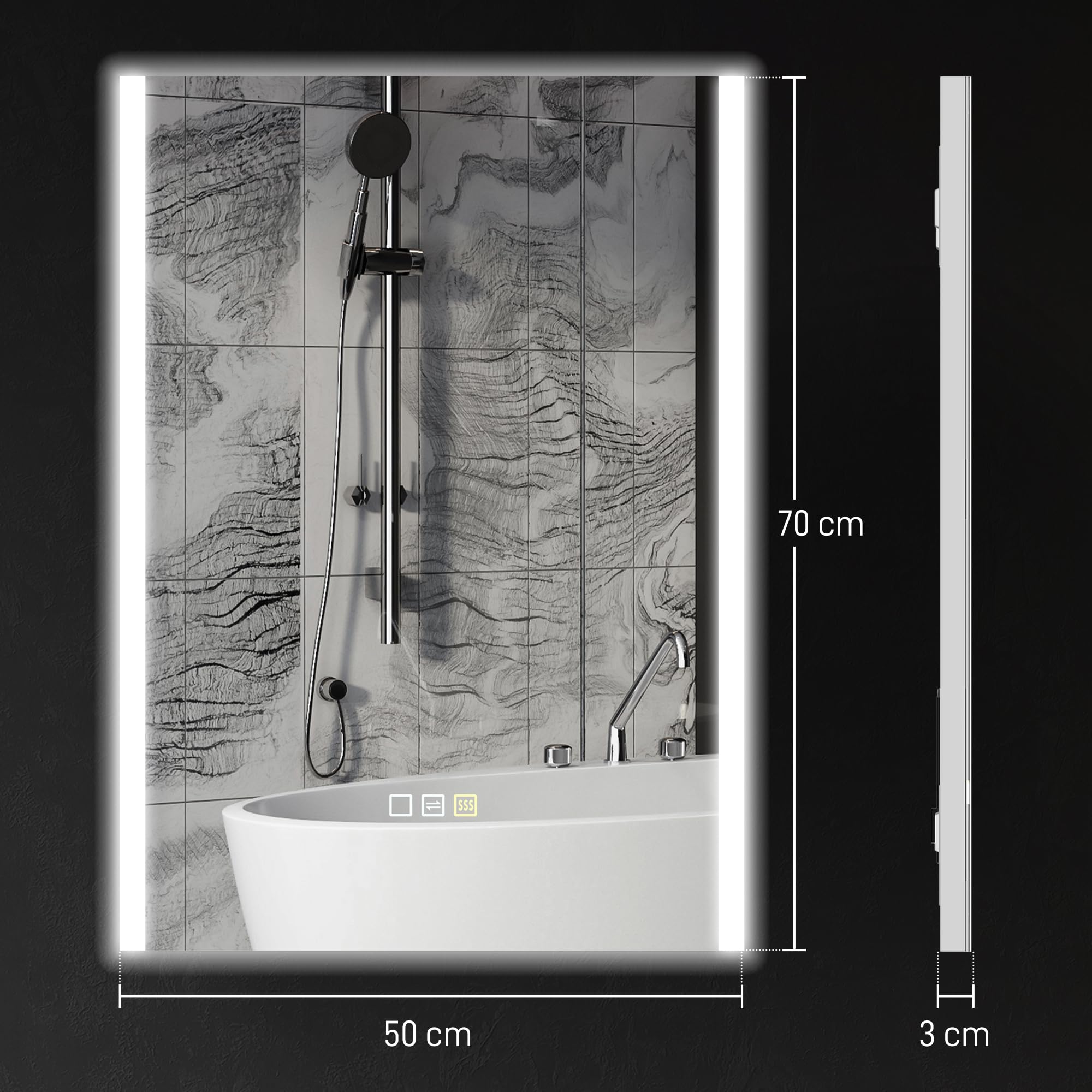 HOMCOM Specchio Bagno con Luce LED a 3 Colori 70x50 cm Antiappannamento | Specchio da Parete, Vetro Temperato Reversibile, Luminosità Regolabile, Funzione Memoria, Interruttori Touch, IP44
