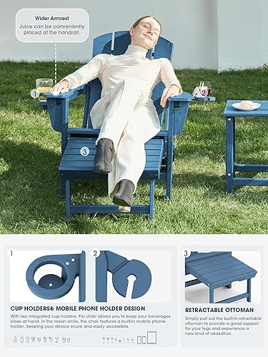 Miniatura 3 de KINGYES Juego de 2 sillas Adirondack plegables ajustables con otomana y 2 portavasos, sillas reclinables Adirondack de polietileno de alta densidad
