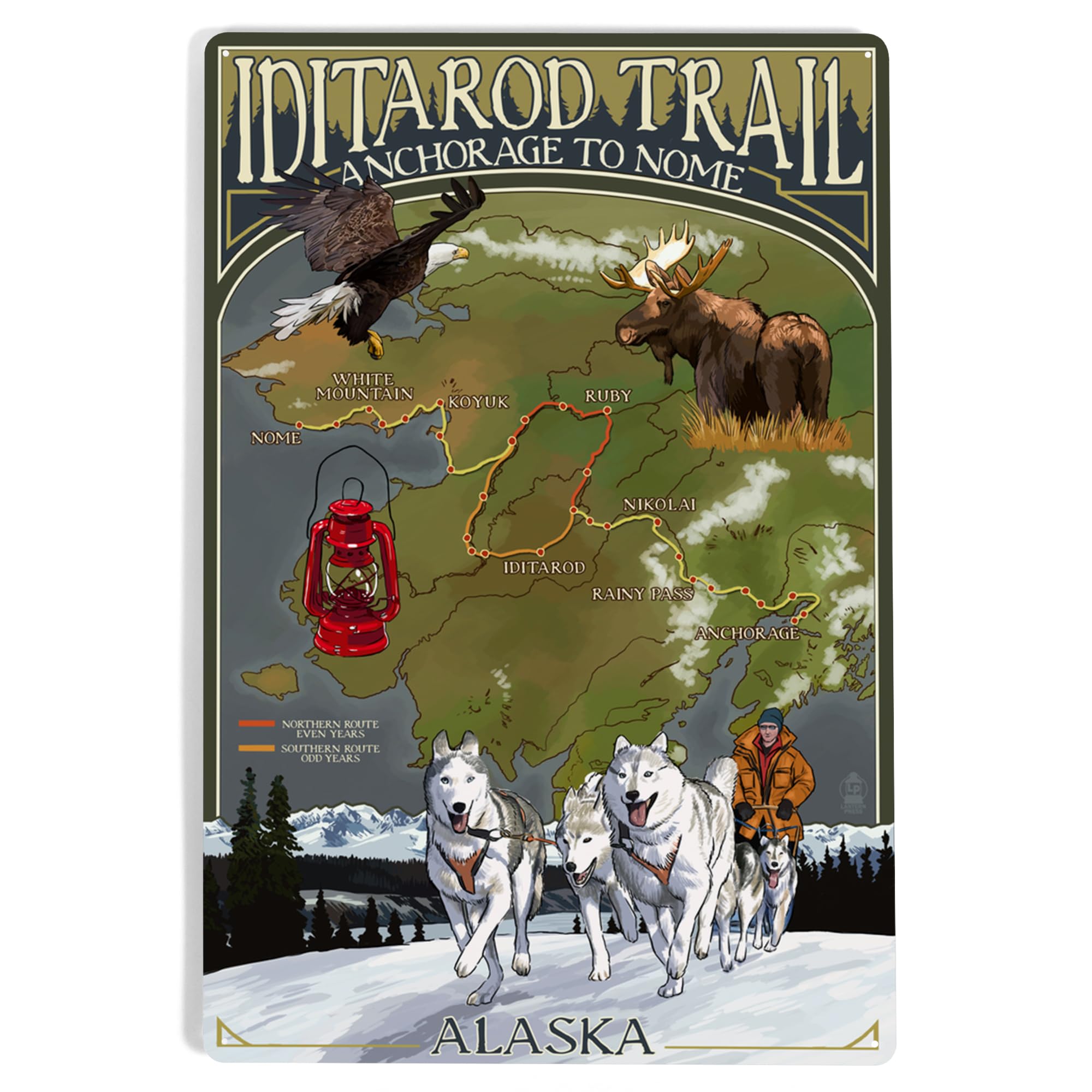 Lantern Press 12x18 Inch Metal Sign, Alaska, Iditarod Trail Topographic Map