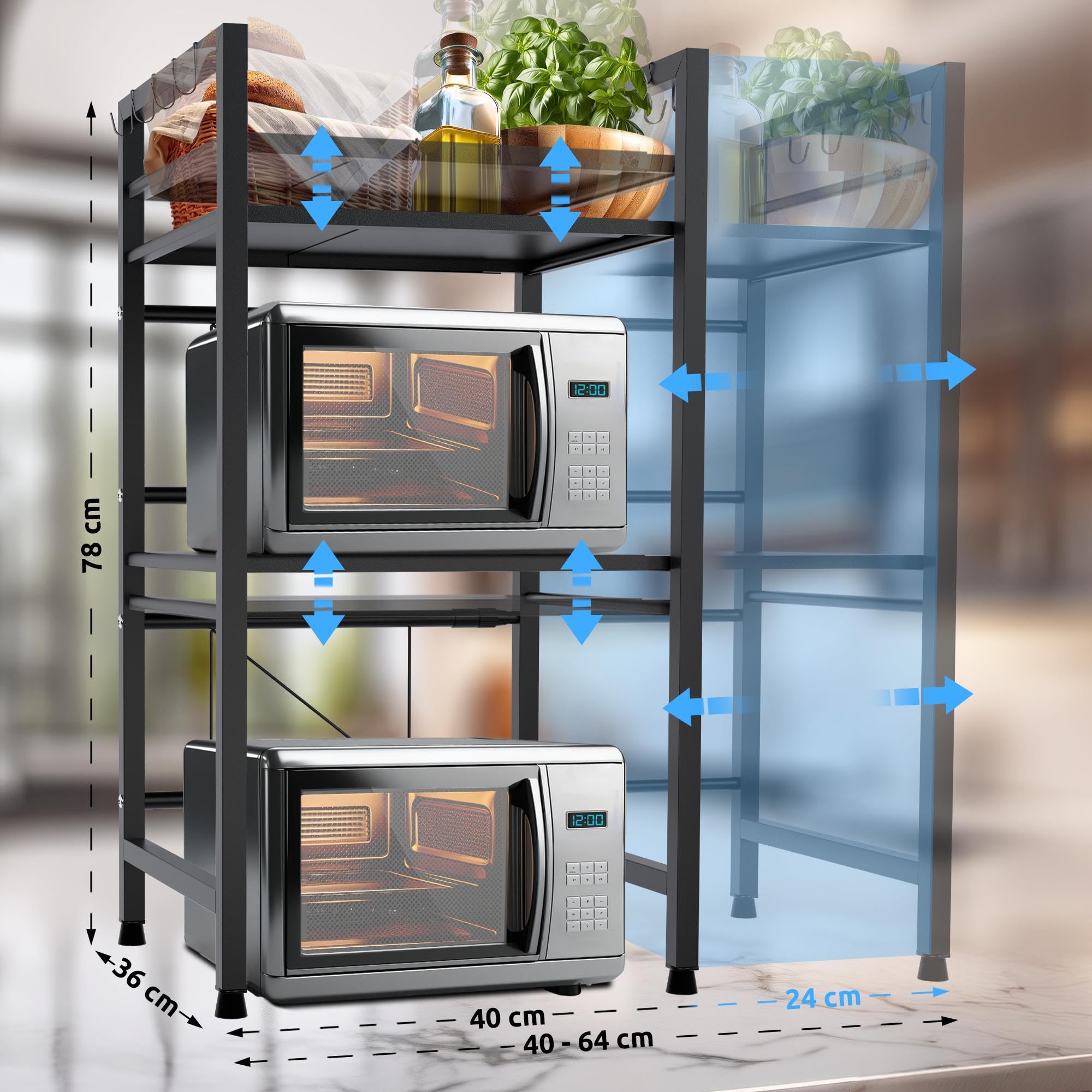 CLP Scaffale per microonde Marana verticale a più livelli I Larghezza variabile I Ideale per il piano di lavoro in cucina, Colore:nero, Dimensione:3 stadi