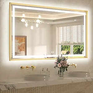 TETOTE 60 x 36 Bathroom Mirror Brushed Gold Metal Frame Frontlit & Backlit Vanity Mirror 3 Colors White/Warm/Natural Stepless Dimmable Anti-Fog Bathroom Mirrors for Vanity Wall-Mounted