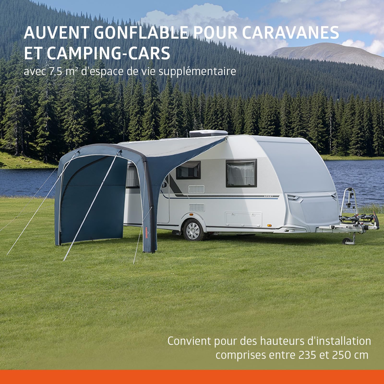 Campout Auvent Gonflable pour Caravane et Camping-Car – 300 x 250 cm – 3000 mm étanche – Hauteur de Montage 235-250 cm – Installation en 15 Min – INCL. Pompe & Haubans tempête