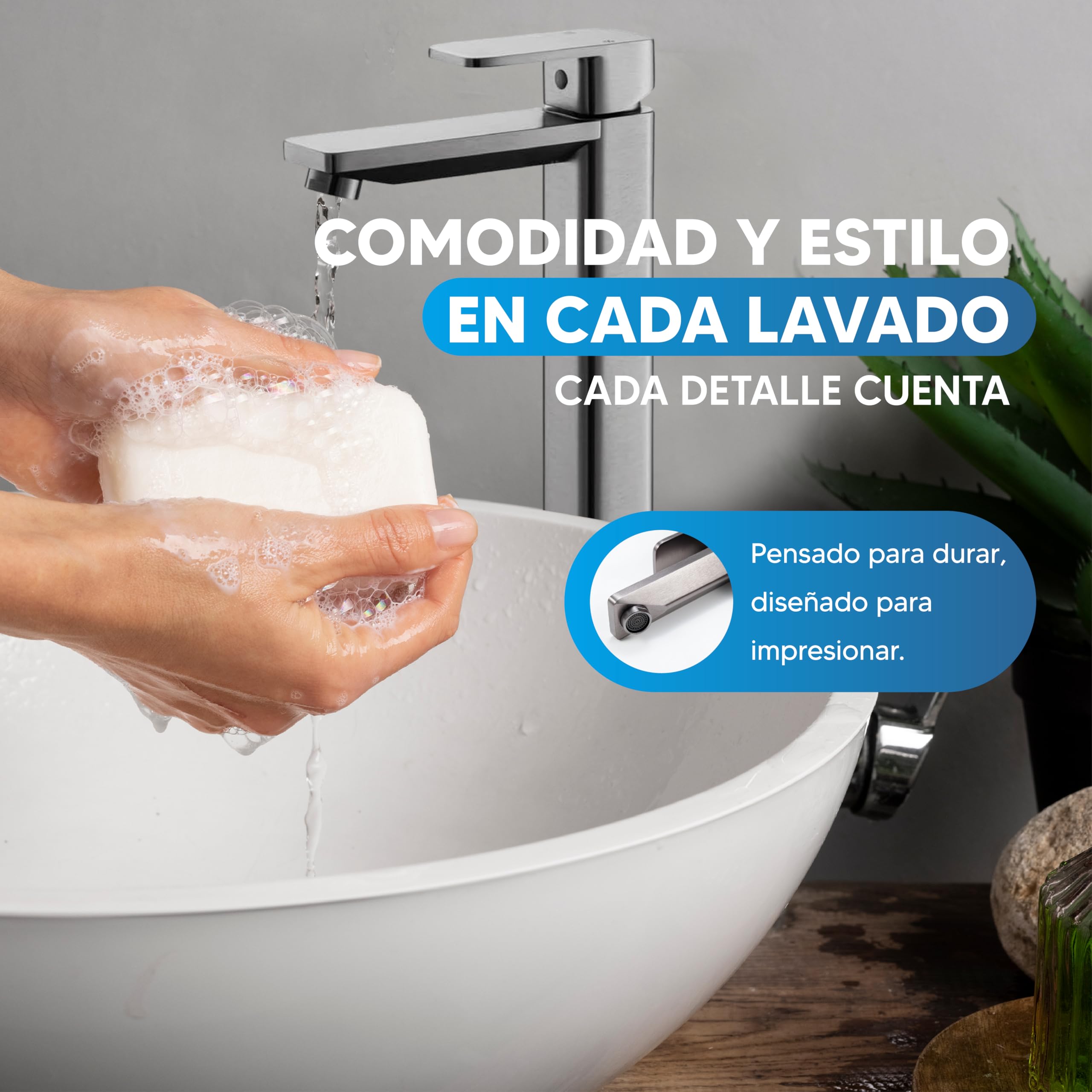 INEX EUROPA Grifo Lavamanos Negro Gris Titanio XL con Acabado Pulido - Grifo Baño Moderno con Fácil Instalación - Grifo de Lavabo Metálico de Alta Resistencia con Flujo Preciso – GARANTÍA 10 Años