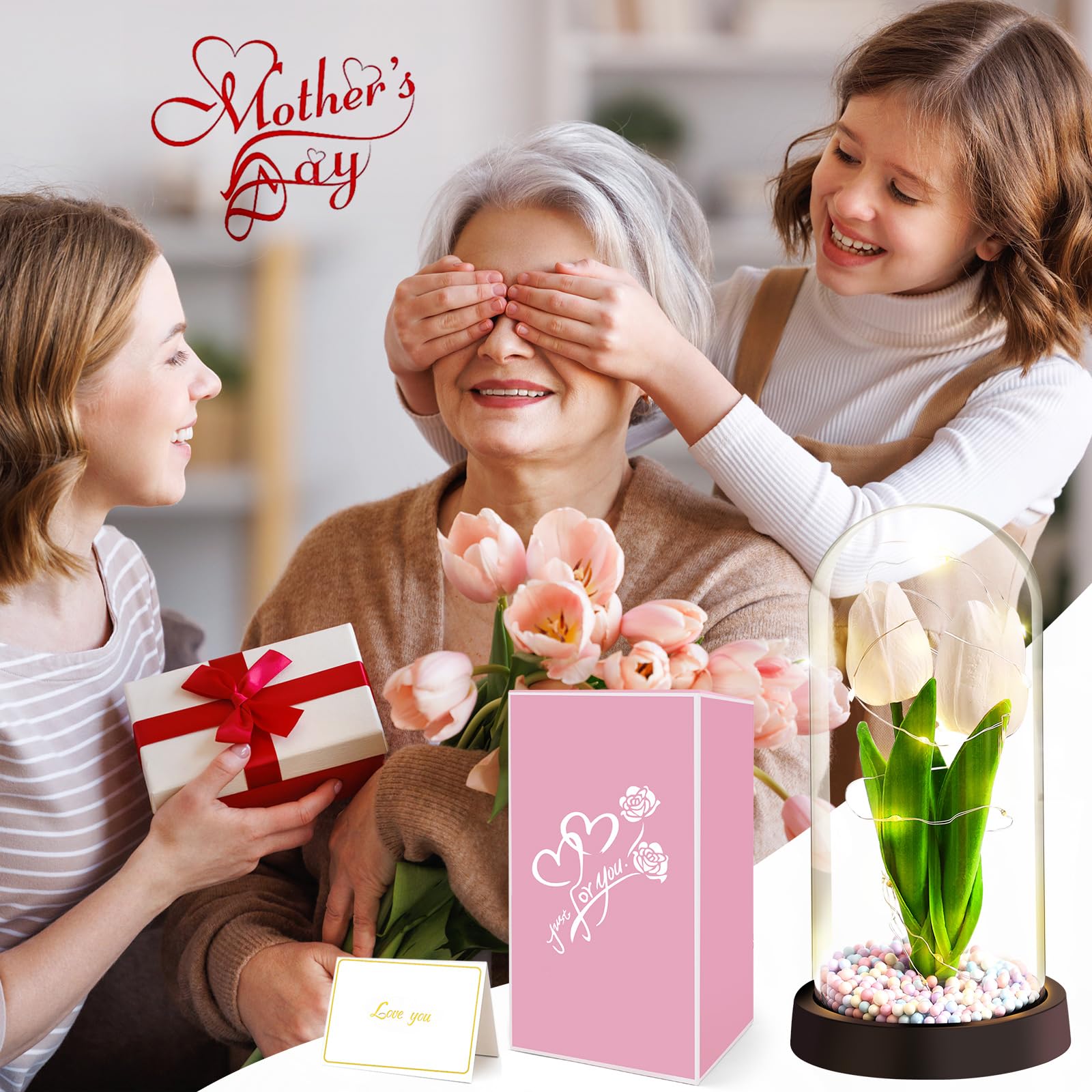 Fiore Artificiale Regalo di San Valentino per Donne, Idee Tulipani Regalo Donna, Romantico Kit di Tulipani Regalo Mamma Nonna, Regalo per Lei, Fiore Regalo Anniversario per Lei Idee Regalo Nascita