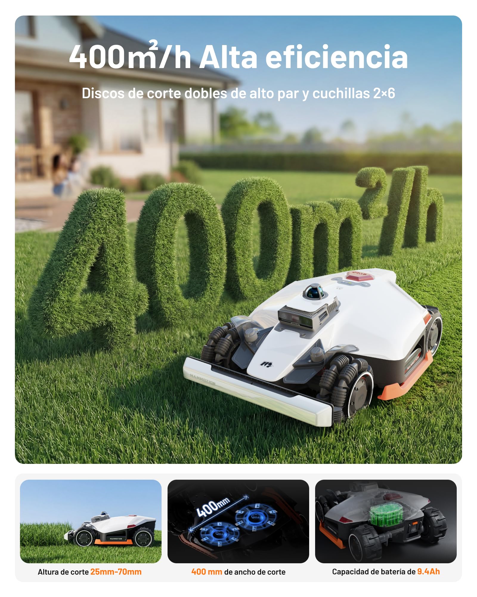 MAMMOTION LUBA 3 AWD 1500 Robot Cortacésped para 1500㎡, LiDAR+Visión AI de Doble Cámara de 360°, Tracción Total para Pendientes del 80%, hasta 15 Zonas de Gestión Multizona, Altura de Corte 25-70mm