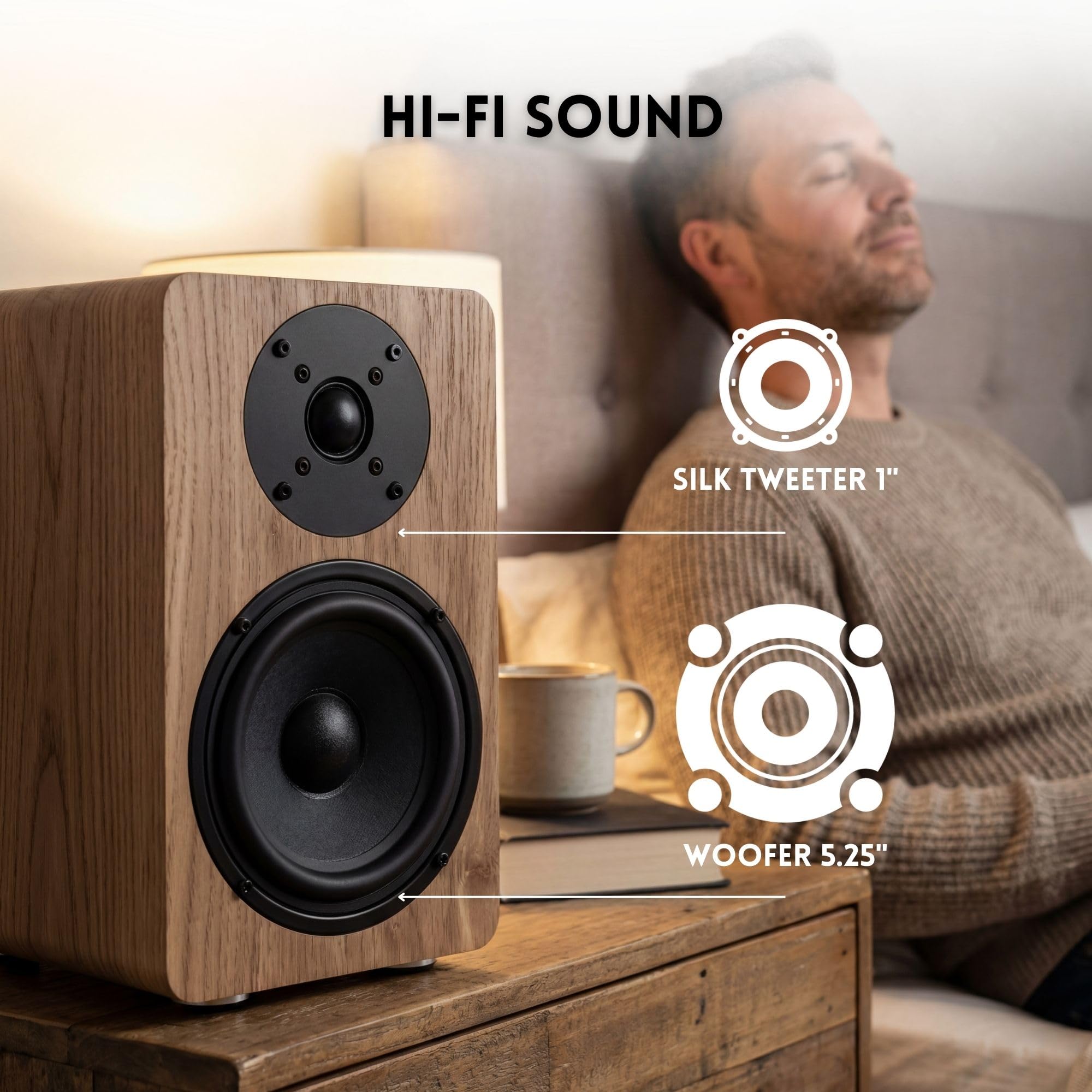 VULKKANO A5 ARC MKII Altoparlanti Autoamplificati con Woofer da 5,25", Bluetooth 5.0, HDMI ARC, Optica, RCA, USB, con uscita subwoofer, altoparlanti per TV dal design elegante, colore marrone