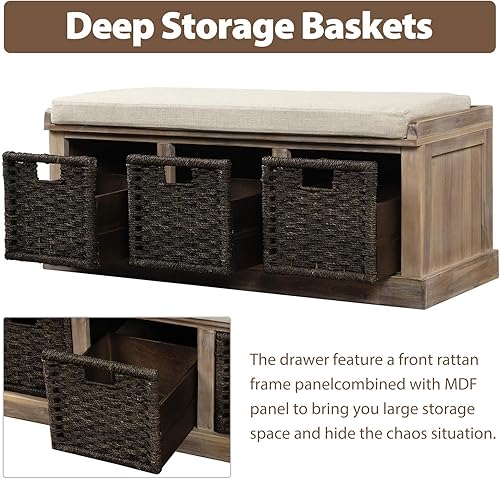 Miniatura 6 de Banco de almacenamiento para entrada banco de almacenamiento rústico con 3 cestas extraíbles banco de almacenamiento para zapatos con cojín