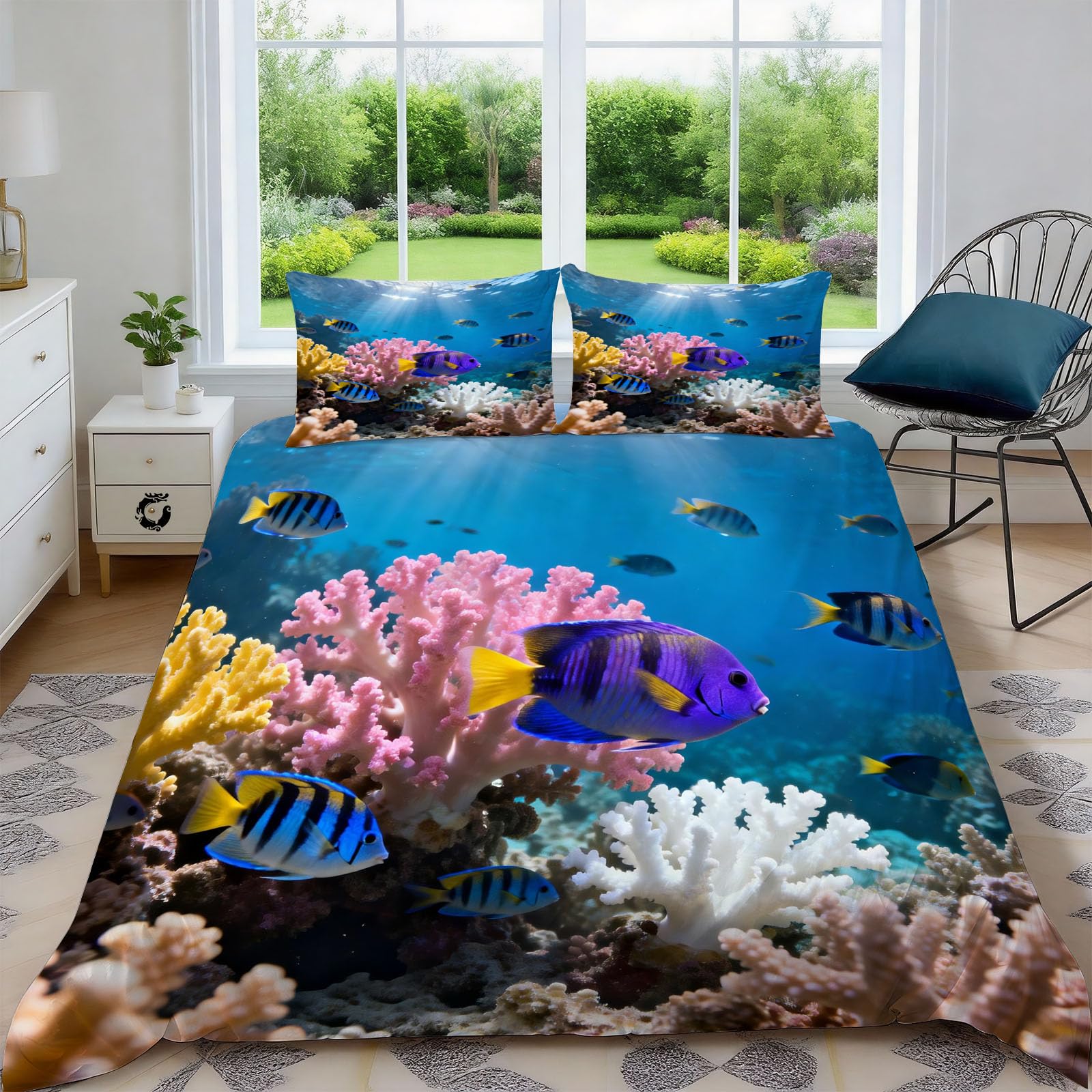 Generisch Unterwasserkoralle 3 Teilig Bettwäsche-Sets 155x220 Meereslebewesen Bettwäsche 3D Drucken Weiche Komfortabel Microfaser Bettbezug mit Reißverschluss mit 2 Kissenbezüge 80x80