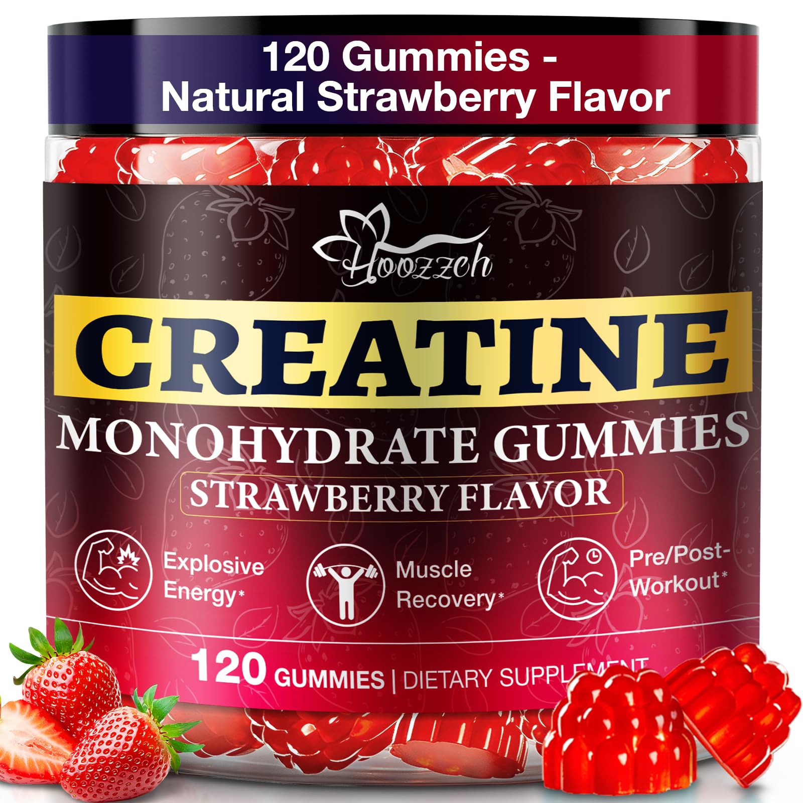Hoozzch Gomas de Creatina Monohidratada 5 g por porção, sabor morango, 120 gomas