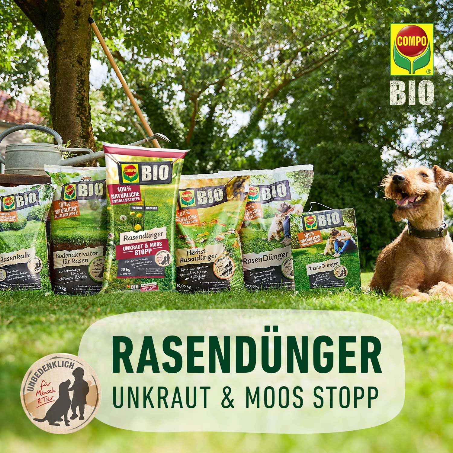COMPO BIO Rasendünger Unkraut & Moos Stopp - verhindert Ansiedlung von Moos und Unkräutern - 100% natürliche Inhaltsstoffe - 10 kg für 200m²