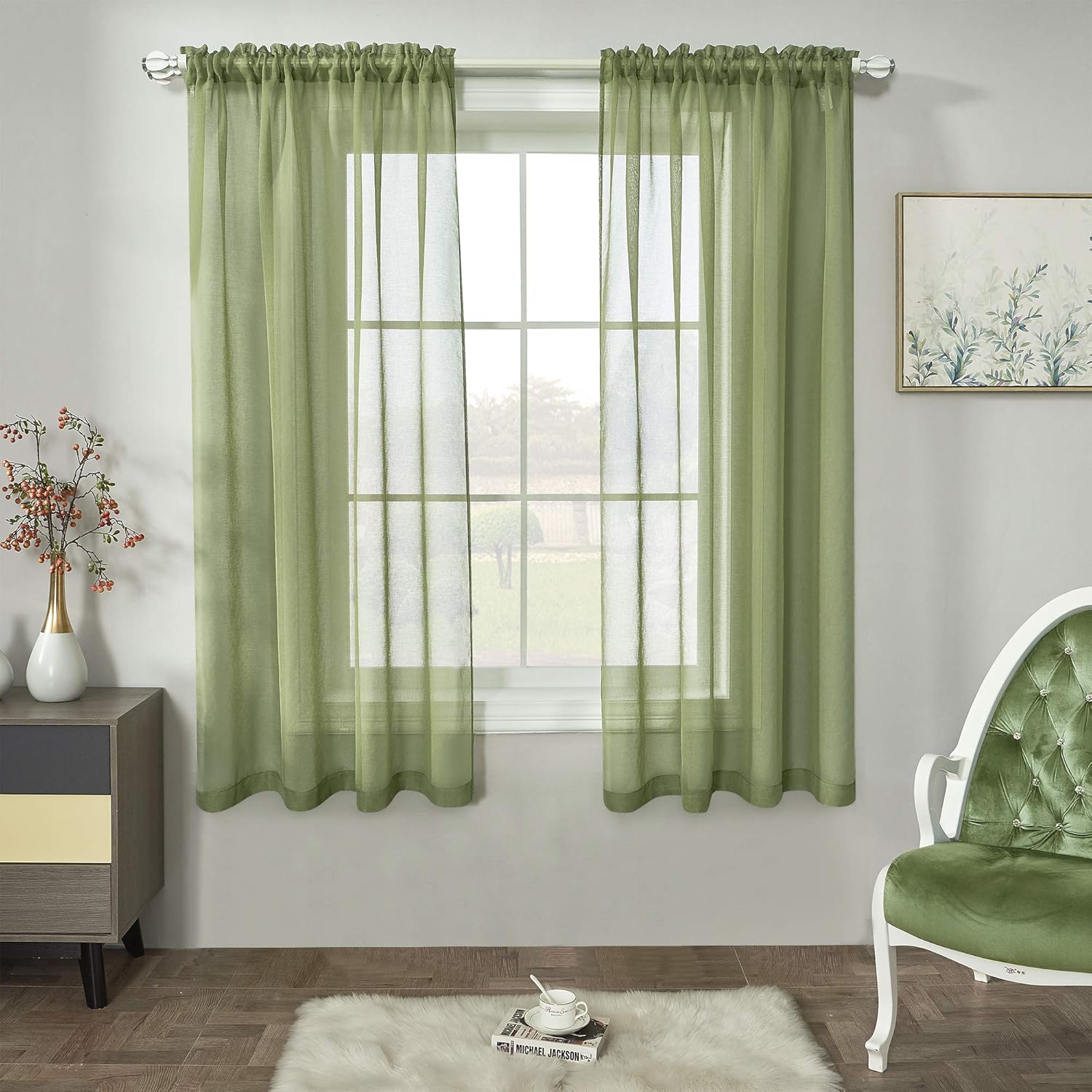 RAIN CITY Sage Green Semi Sheer Curtains Faux Linen Sheer Window Curtain Panels