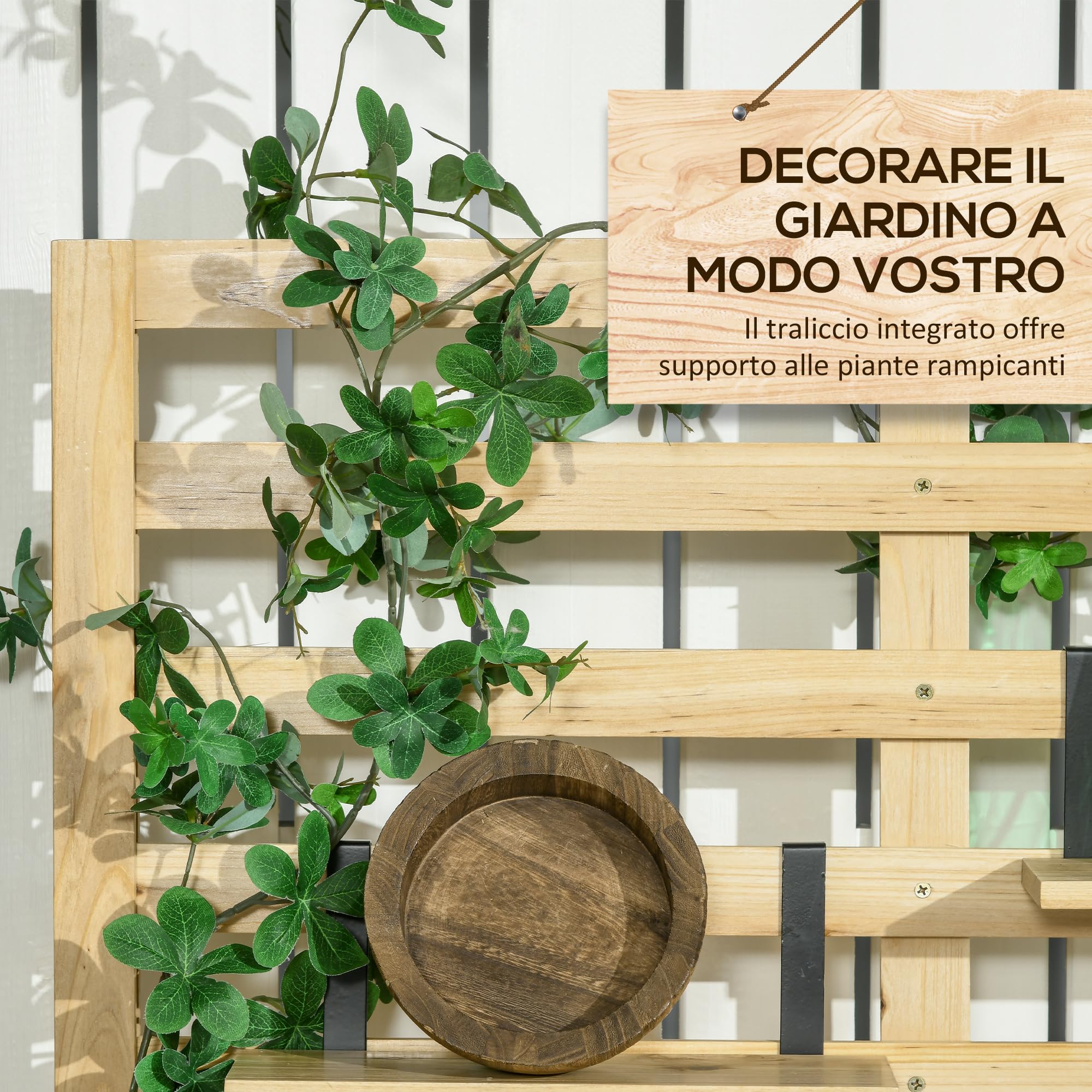 Outsunny Cassapanca da Giardino in Legno di Abete con Traliccio Integrato e 4 Ripiani, Cassapanca Contenitore da Esterno Impermeabile con Chiusura Magnetica, 80x45x160 cm, Colore Legno