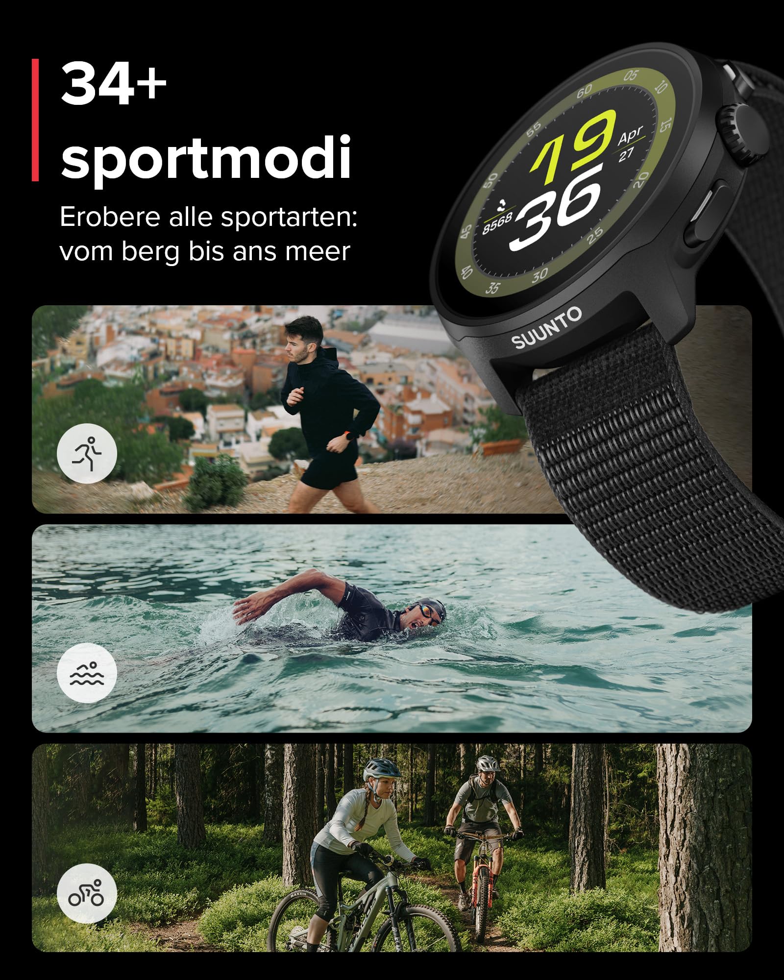 SUUNTO Run GPS-Laufuhr, 1,32" AMOLED-Touchscreen, Leichtgewicht, Multisport, Aktivitätentracker, Präzises GPS, Herzfrequenz-/Schlaf-Tracking, 12 Tage Akkulaufzeit, 4GB Offline-Musikspeicher