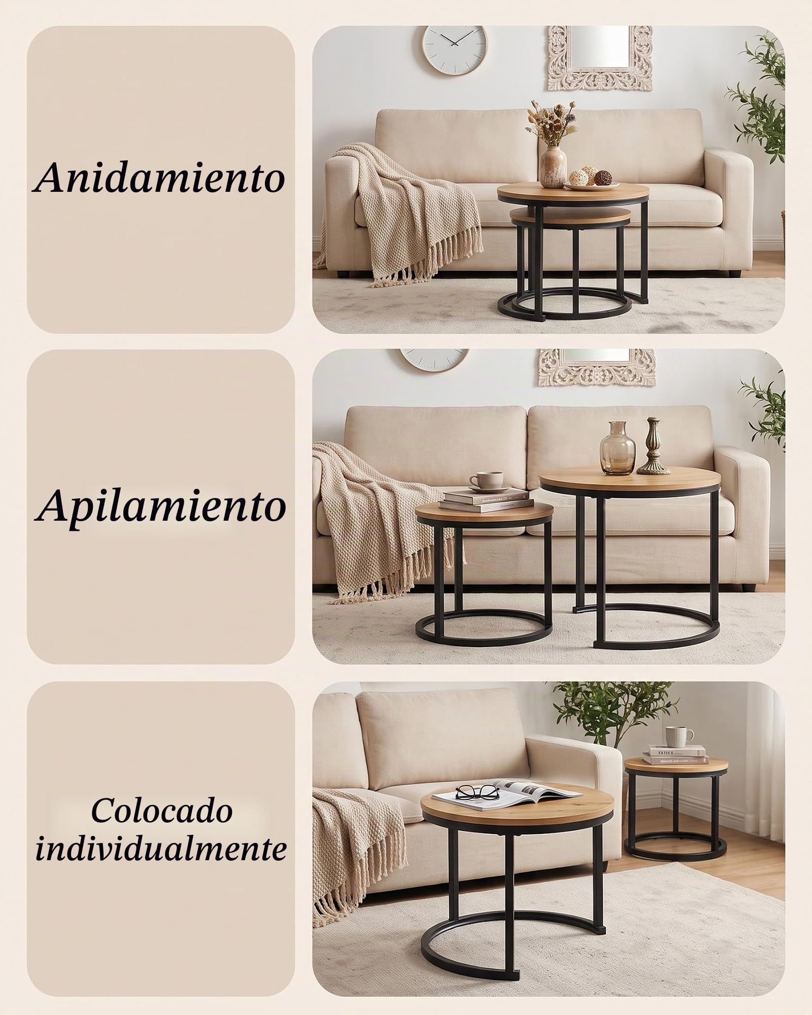 Mesa Centro Redonda Madera Salon, Mesa Auxiliar Sofa Nido, Mesas Auxiliares para Salon 2 Juegos, Coffee Table（⌀50 x 45 / ⌀40 x 35 cm