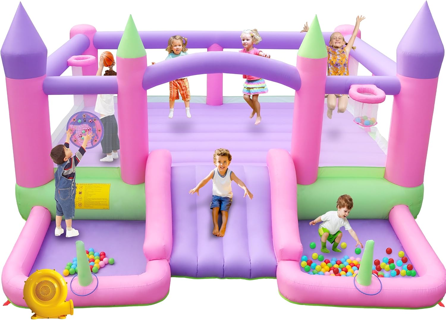 Inflatable Bounce House with Blower, 15 ft x 14.7 ft, 7 in 1 Jumping Castle with Slide, 2 Ball Pits, 2 Basketballs, 2 Ringtoss, Bouncer for Big Kids Aged 3-12