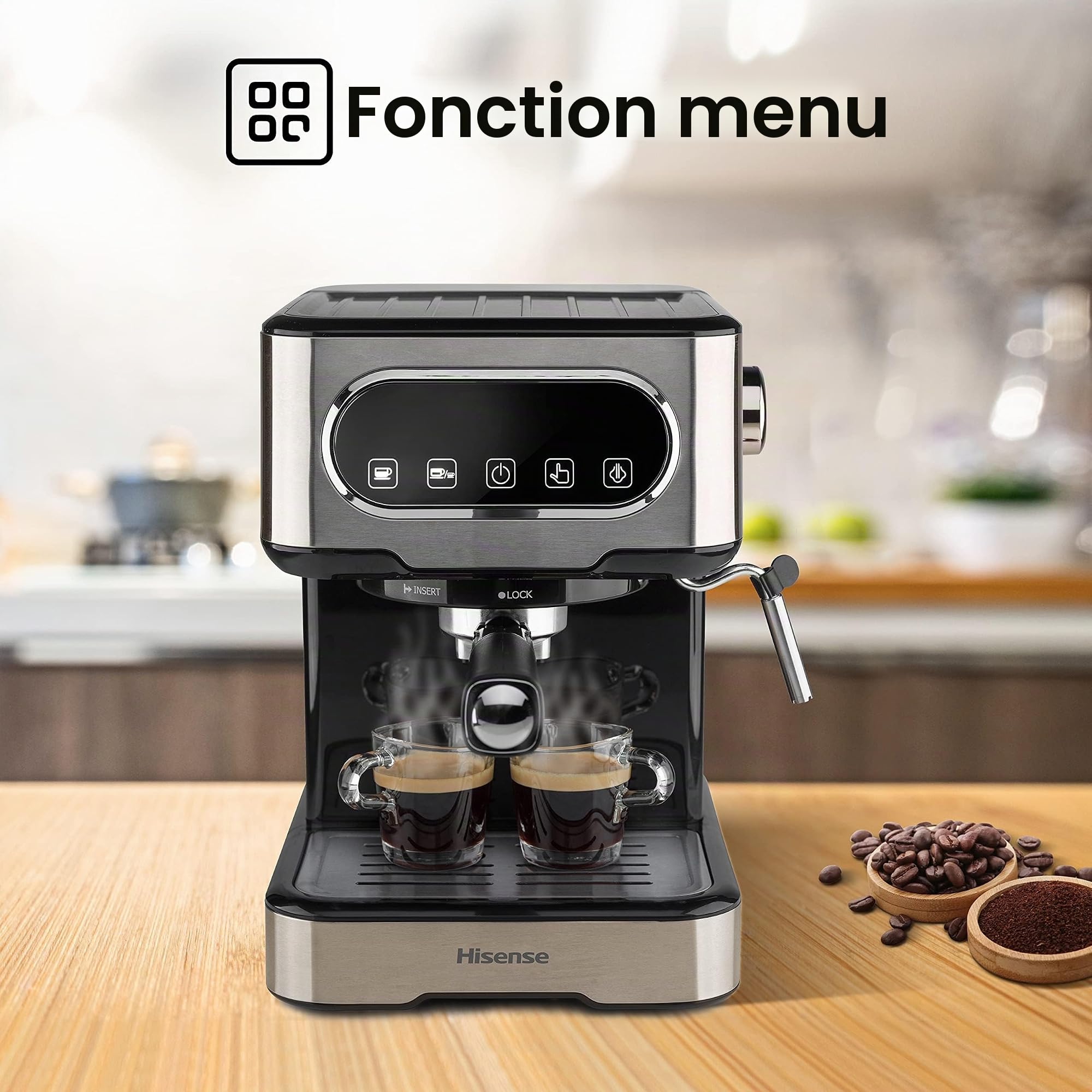 Hisense, HESCM15DBK, Machine à expresso manuelle, moulue et compatible avec dosettes ESE 44 mm, Mousseur à lait automatique et manuel, pression 15 bar, écran tactile, 1100W, Silver, 27,4 x 30 x 27,2