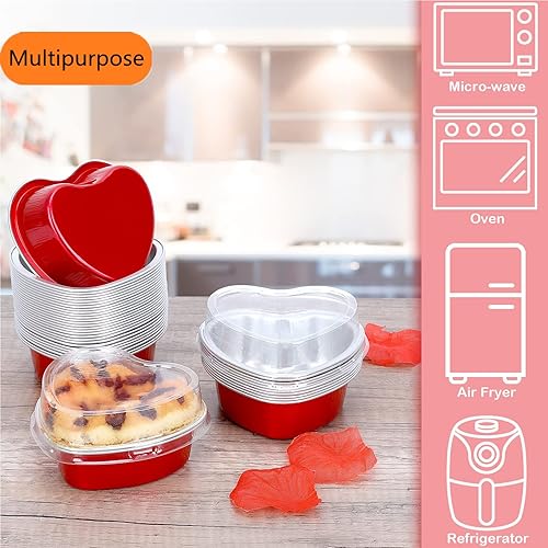 Miniatura 4 de AXZTYYLA - Paquete de 50 moldes para pasteles en forma de corazón, de papel de aluminio, de 3.4 onzas, con tapas y cucharas, forros desechables para