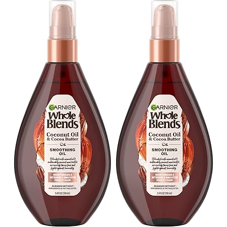 Garnier Whole Blends Smoothing Oil Treatment with Coconut Oil and Cocoa Butter, for Frizzy Hair, 3.4 Fl Oz, 2 Count (Packaging May Vary)